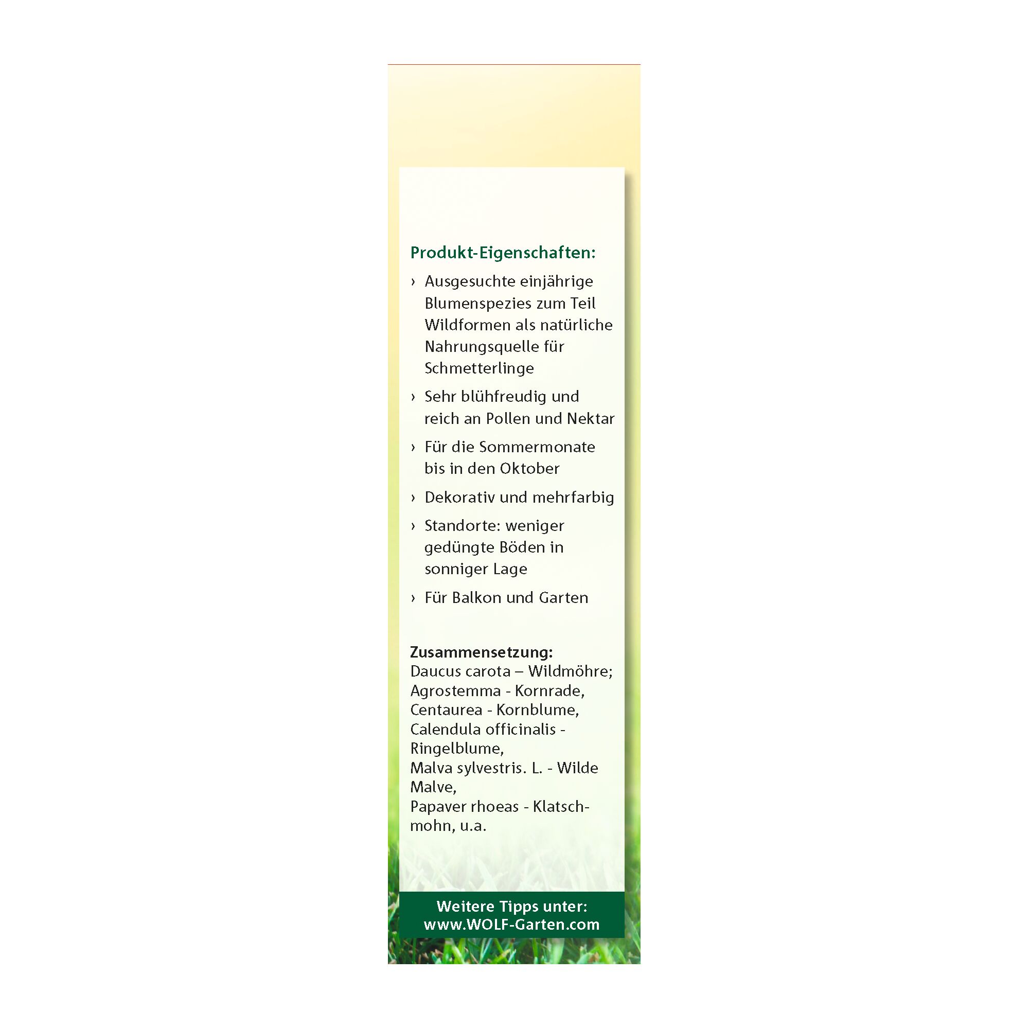 A vertical product label showing information in German for WOLF Garten. The label describes selected annual flower species beneficial for butterflies, notes high blooming and nectar, and suitability for summer months, balcony and garden. Listed flower ingredients include wild carrot, corn cockle, cornflower, calendula, wild mallow, and poppy.
