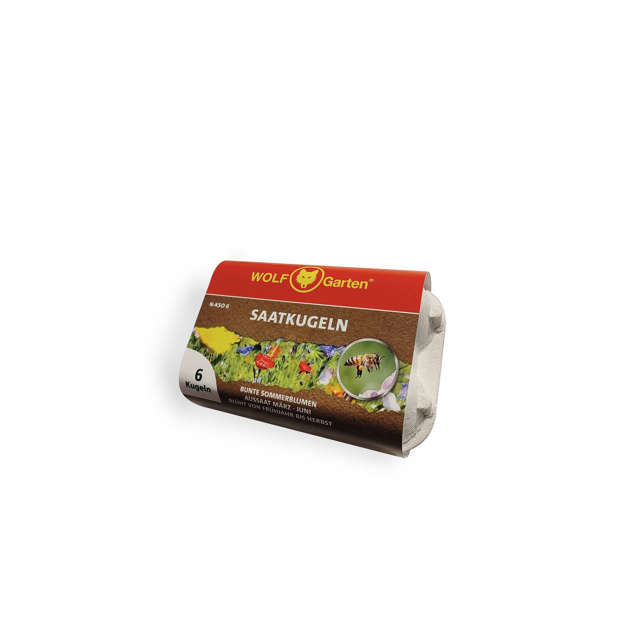 A package of WOLF Garten Saatkugeln (seed balls) containing 6 seed balls for planting colorful summer flowers, with images of flowers and a bee on the packaging.