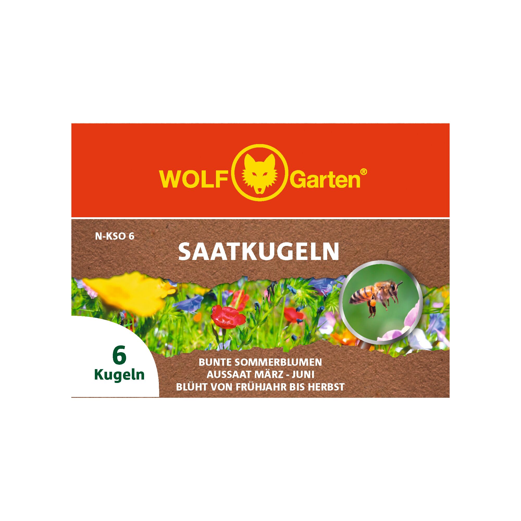 WOLFGarten Saatkugeln product packaging for colorful summer flower seed balls, showing a bee and a field of mixed flowers. The box indicates six seed balls and sowing period from March to June with blooming from spring to autumn.