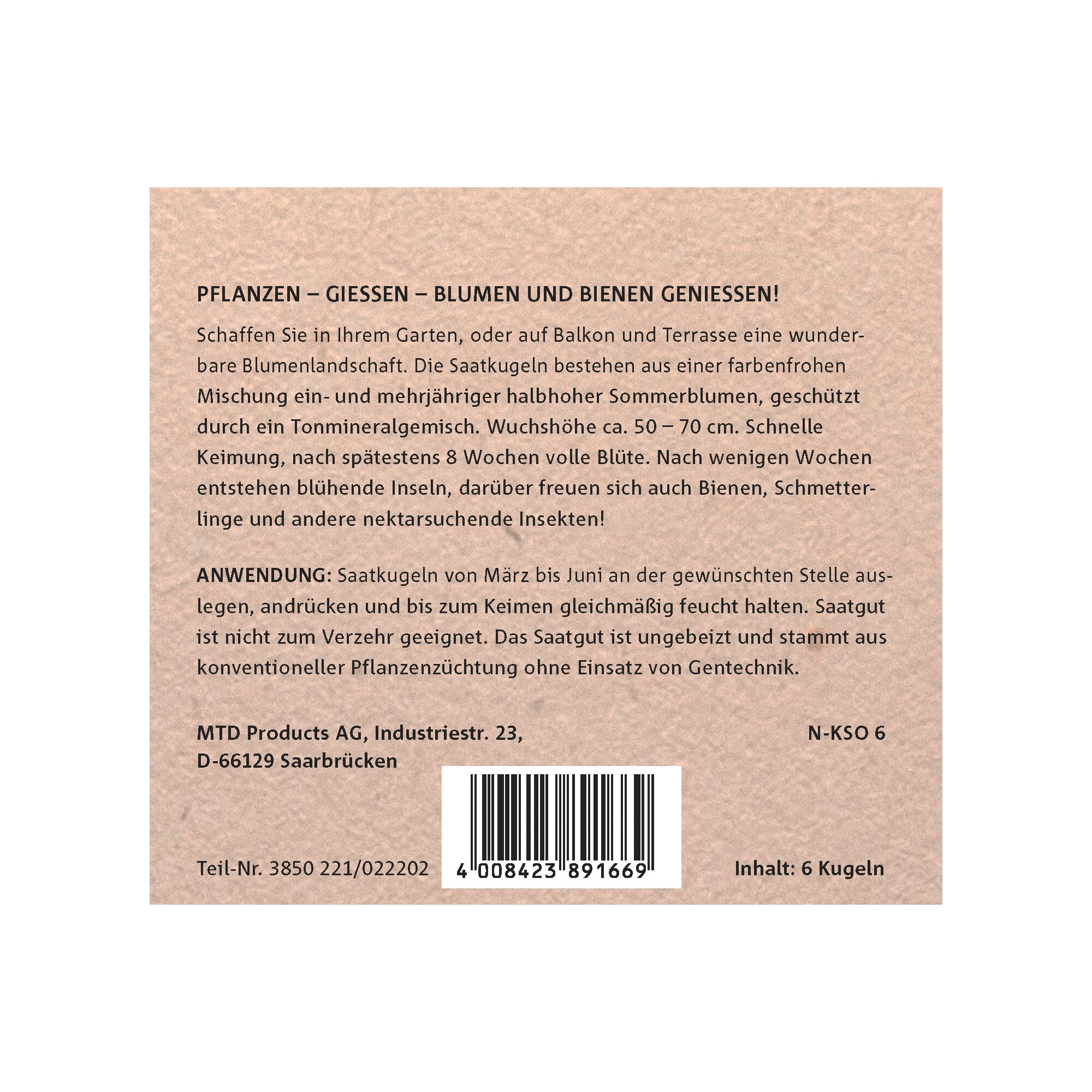 Back packaging of a WOLFGarten product for seed balls, providing instructions and description in German. The text describes how the seed balls can be planted outdoors or on balconies to create a colorful flower landscape attractive to bees and insects. Instructions for use, company details, and barcode are visible. The package contains 6 seed balls.