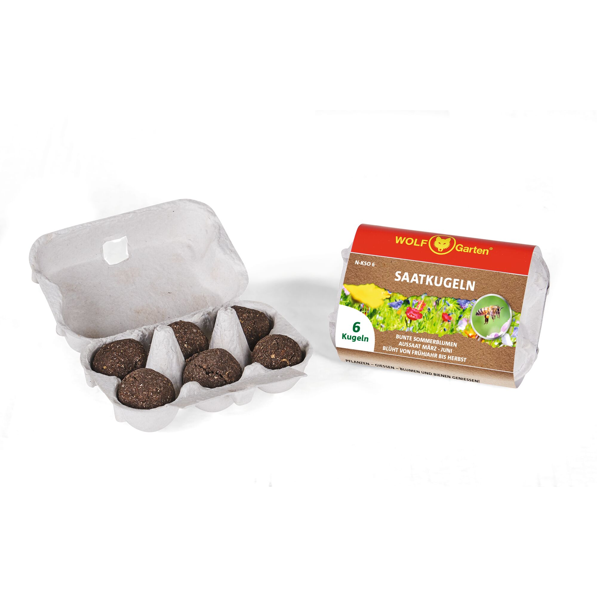 A package of WOLF-Garten seed balls for summer flowers, with the carton open showing six seed balls. The product packaging is placed next to the carton and features colorful flower images and branding.