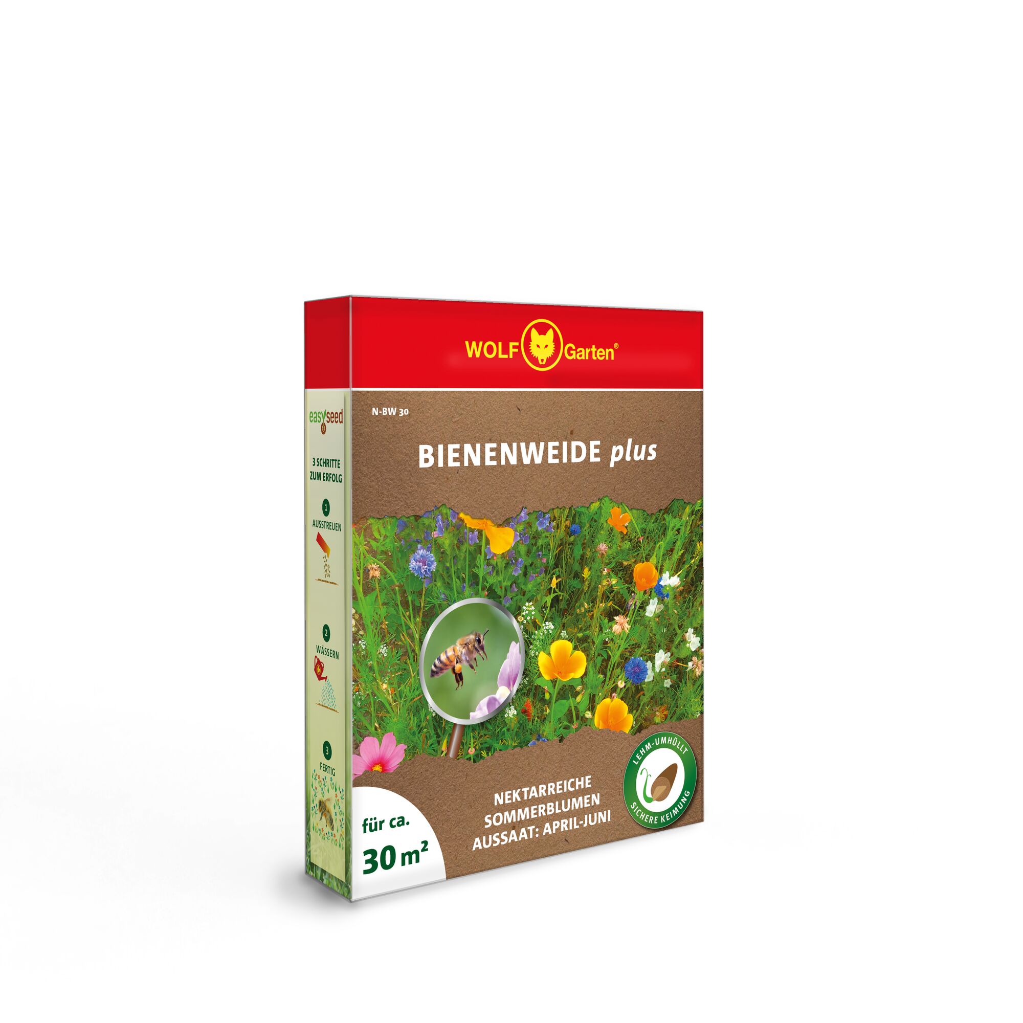 A box of WOLF Garten 'Bienenweide plus' flower seeds. The packaging is primarily red and brown, showing colorful summer flowers and a bee. The box states it is suitable for about 30 square meters and is intended for sowing nectar-rich summer flowers from April to June.