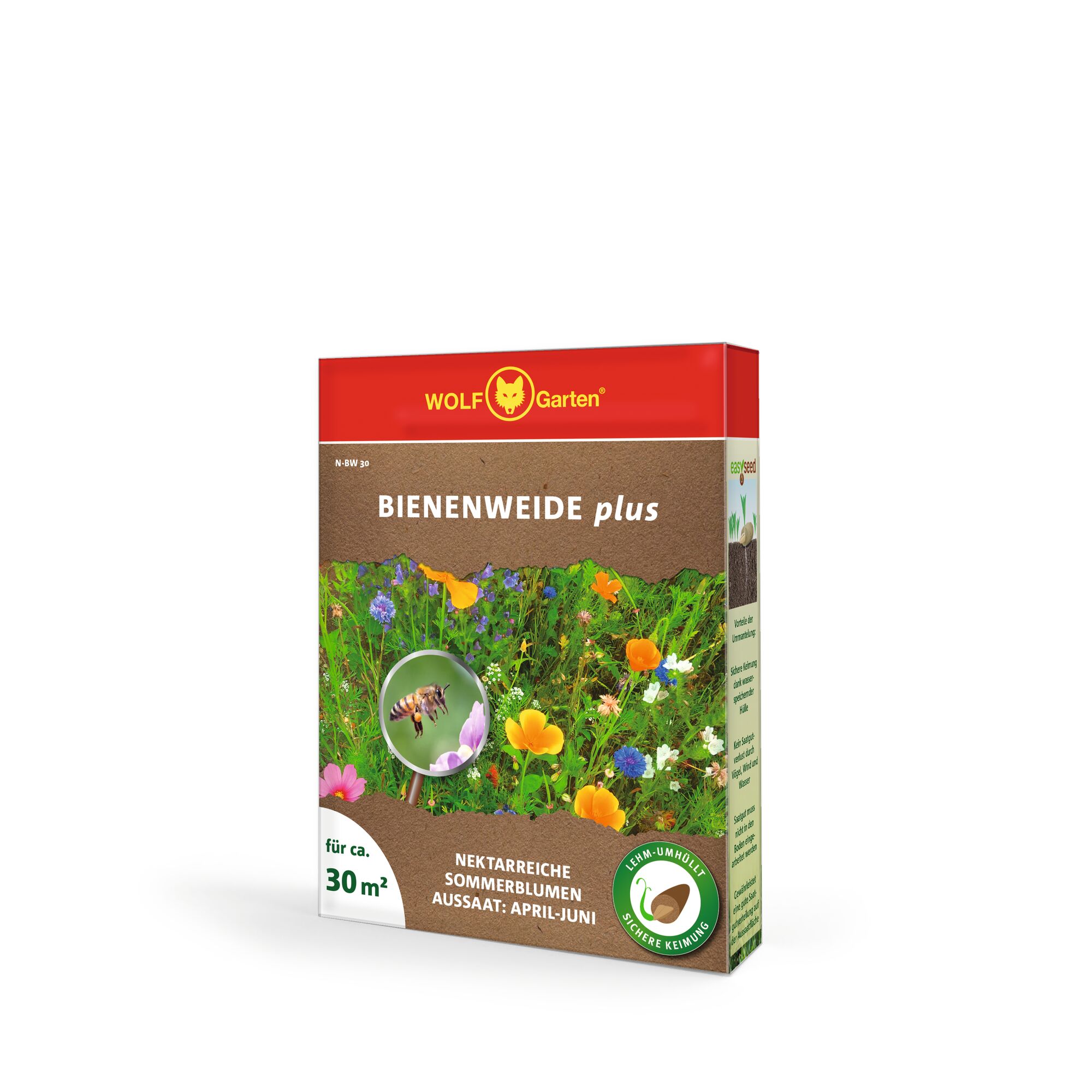 A box of WOLF-Garten BIENENWEIDE plus flower seeds for approximately 30 square meters, showing colorful summer flowers and a bee on the front. The packaging also states 'Nectar-rich summer flowers' and 'Sowing: April-June'.