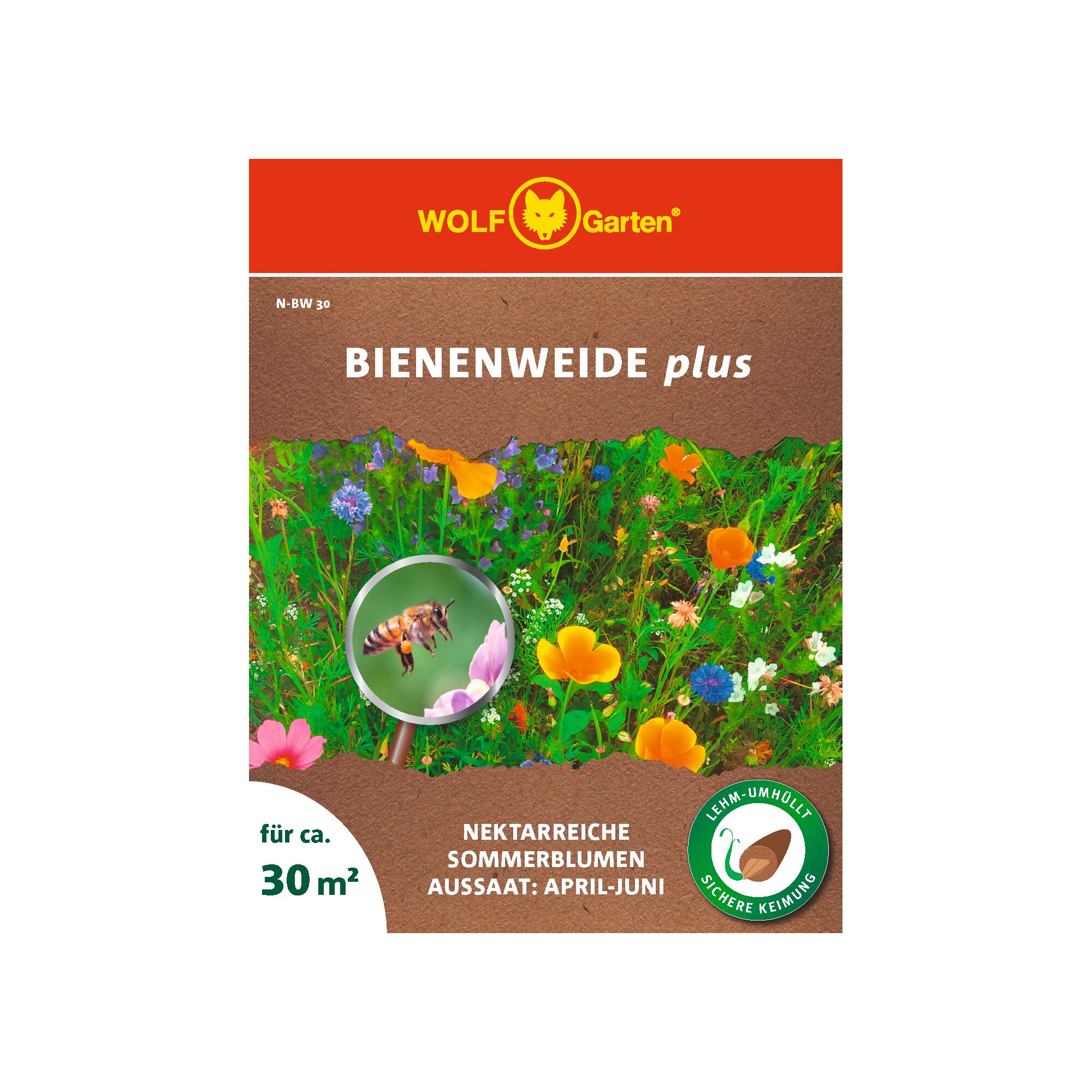 WOLF Garten Bienenweide plus packaging for nectar-rich summer flower seeds, suitable for an area of about 30 square meters. The package features colorful flowers, a bee, and information about sowing from April to June.