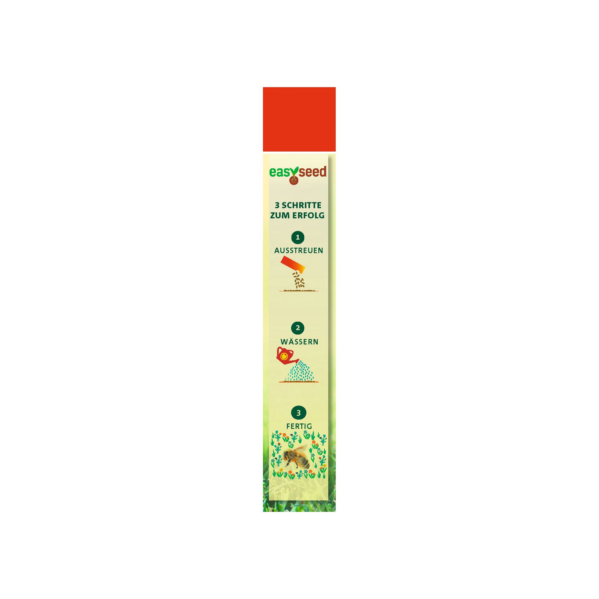 Tall rectangular packaging for WOLF Garten easyseed, featuring illustrated instructions for three steps: spreading seeds, watering, and completed growth with a bee on flowers.