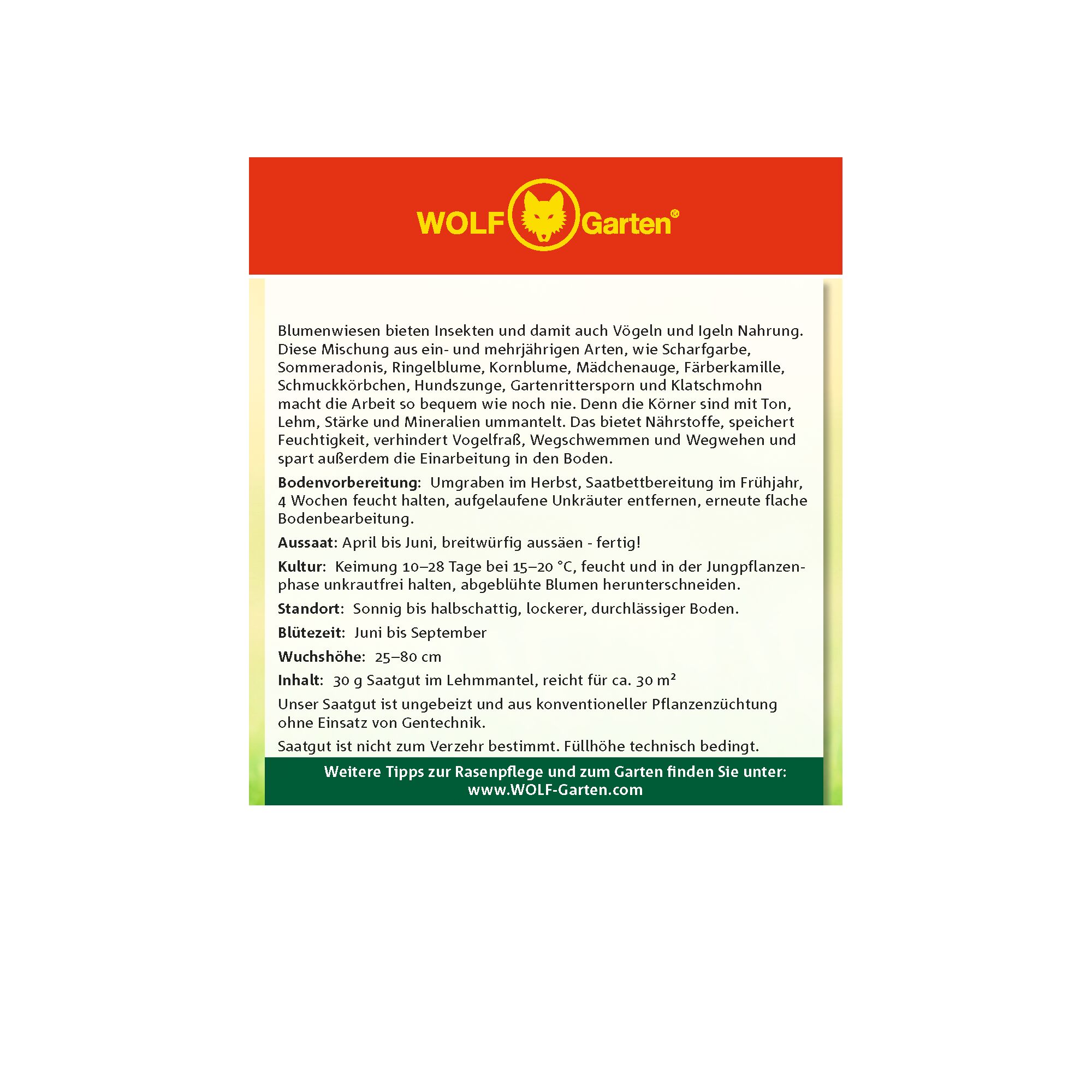 Product information sheet from WOLF-Garten describing flower meadow seeds. The sheet explains the benefits for insects and birds, lists included flower varieties, details sowing and cultivation instructions, and provides care tips. It includes technical information and a website link for additional gardening tips.