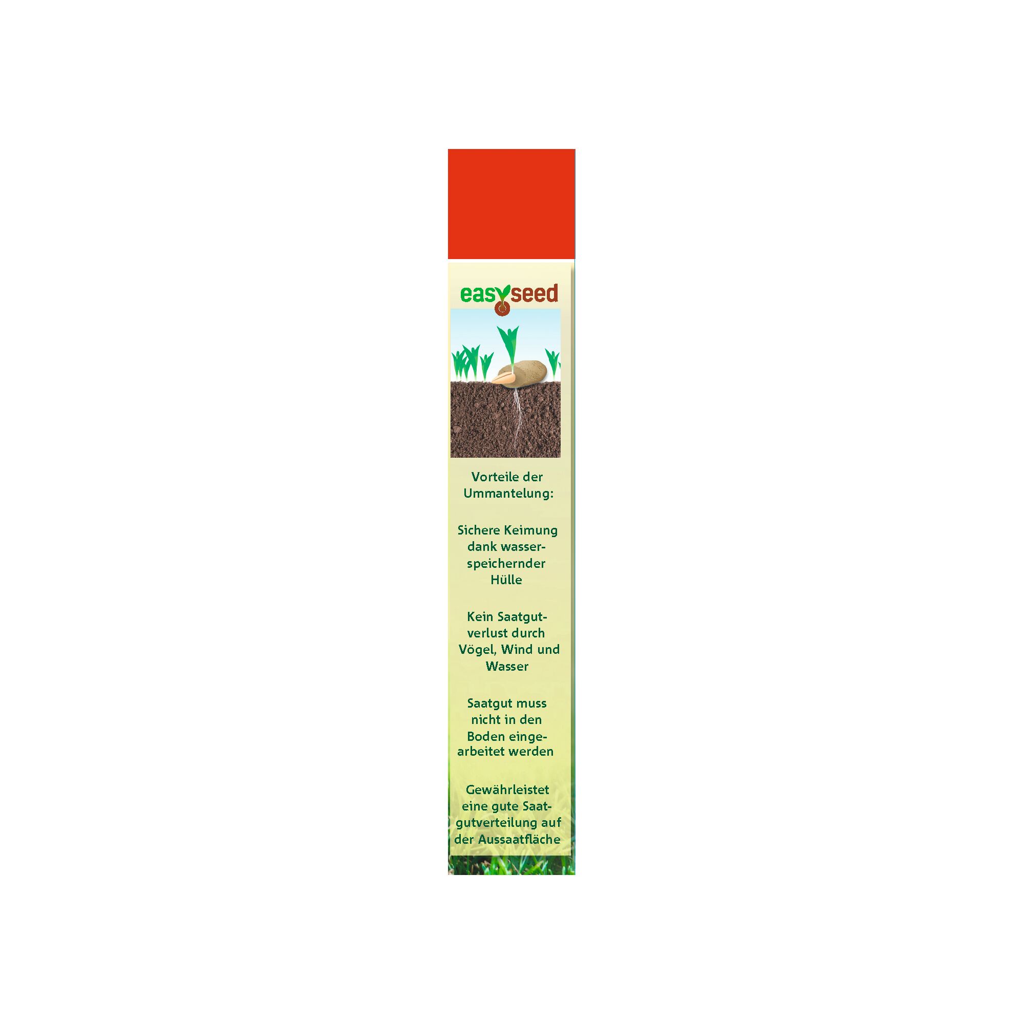 WOLF Garten easySeed packaging showing advantages of seed coating, including secure germination, protection from birds, wind, and water, and improved seed distribution.