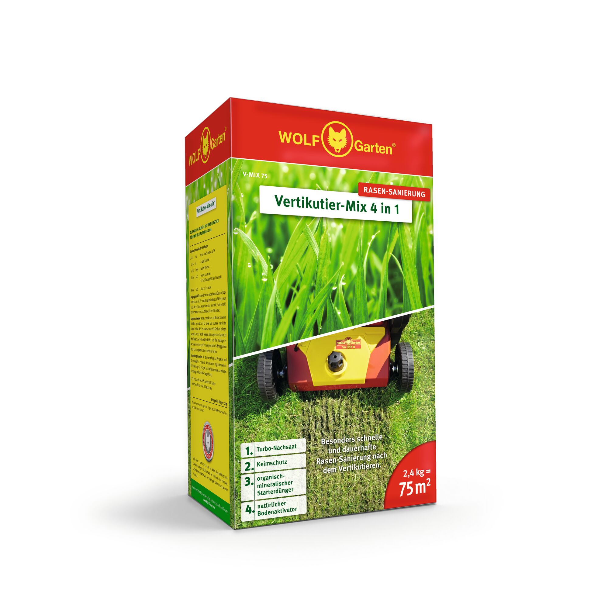 A box of WOLF Garten Vertikutier-Mix 4 in 1 lawn care product for lawn renovation. The packaging features vibrant images of green grass and a lawn scarifier machine. It is labeled for use on up to 75 square meters and weighs 2.4 kg. Key benefits are listed on the front of the box.