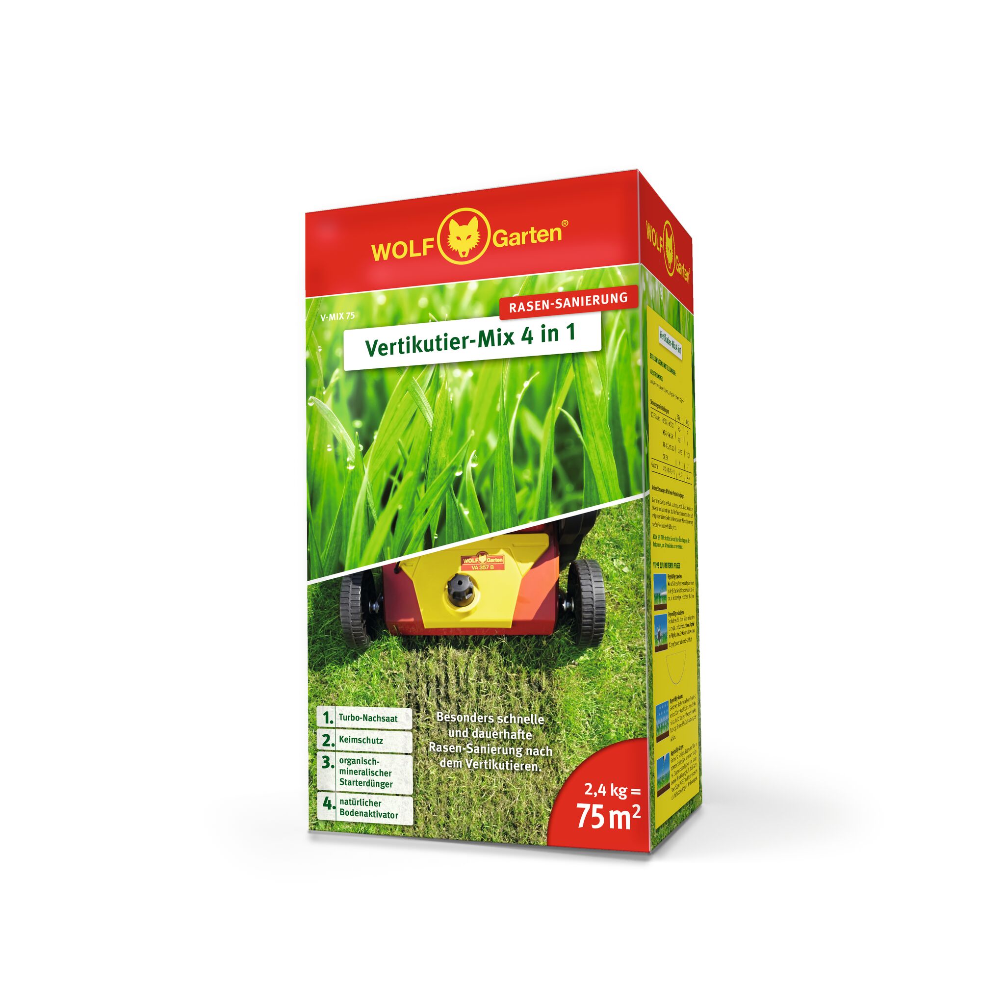 Box of WOLF Garten Vertikutier-Mix 4 in 1 lawn care product for lawn renovation, featuring a red and yellow machine on green grass, and highlighting coverage up to 75 square meters.