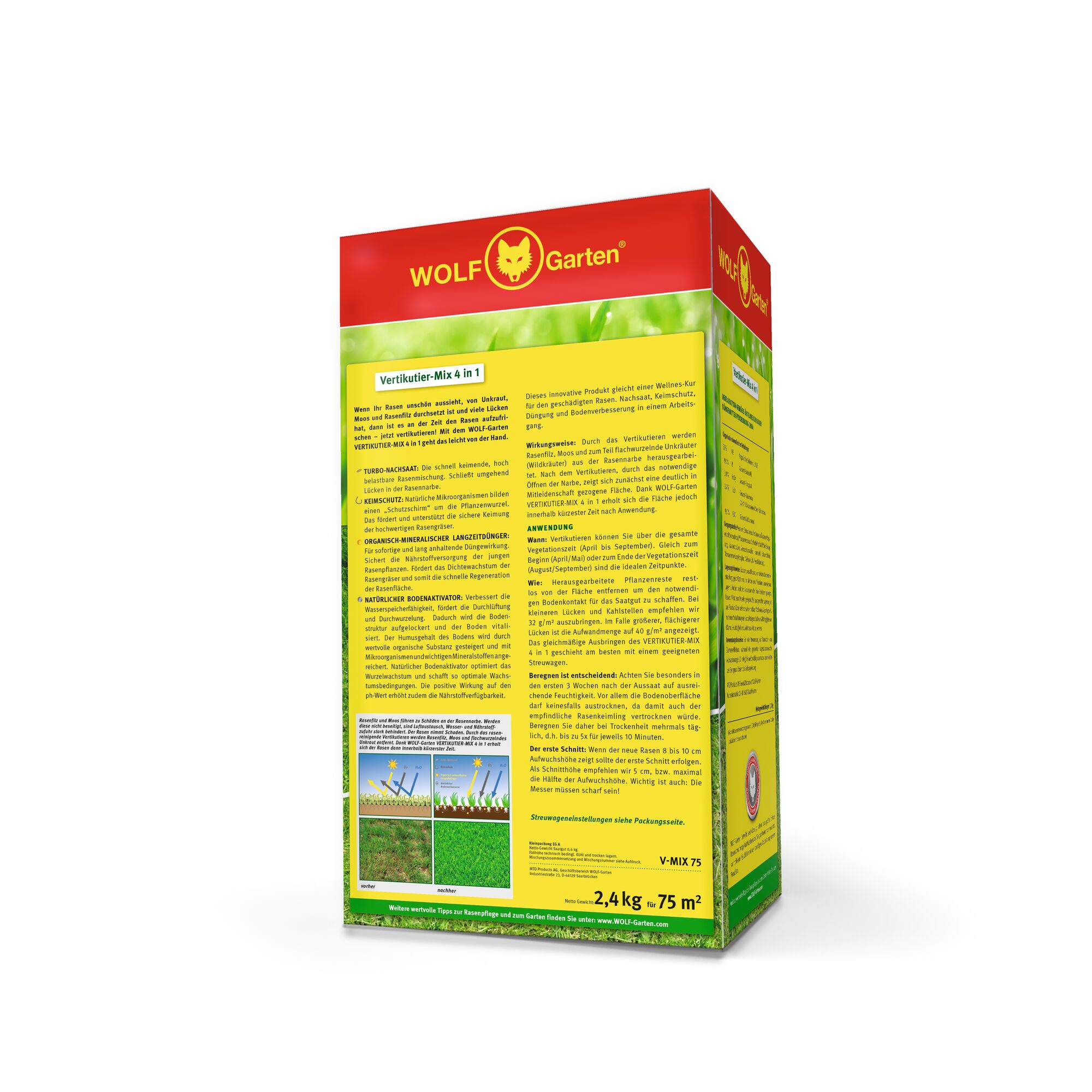 A box of WOLF-Garten Vertikutier-Mix 4 in 1 lawn care product, featuring red and yellow branding. The packaging includes detailed instructions and information in German, as well as diagrams showing lawn treatment steps. The product is sized for 2.4 kg, covering 75 square meters.