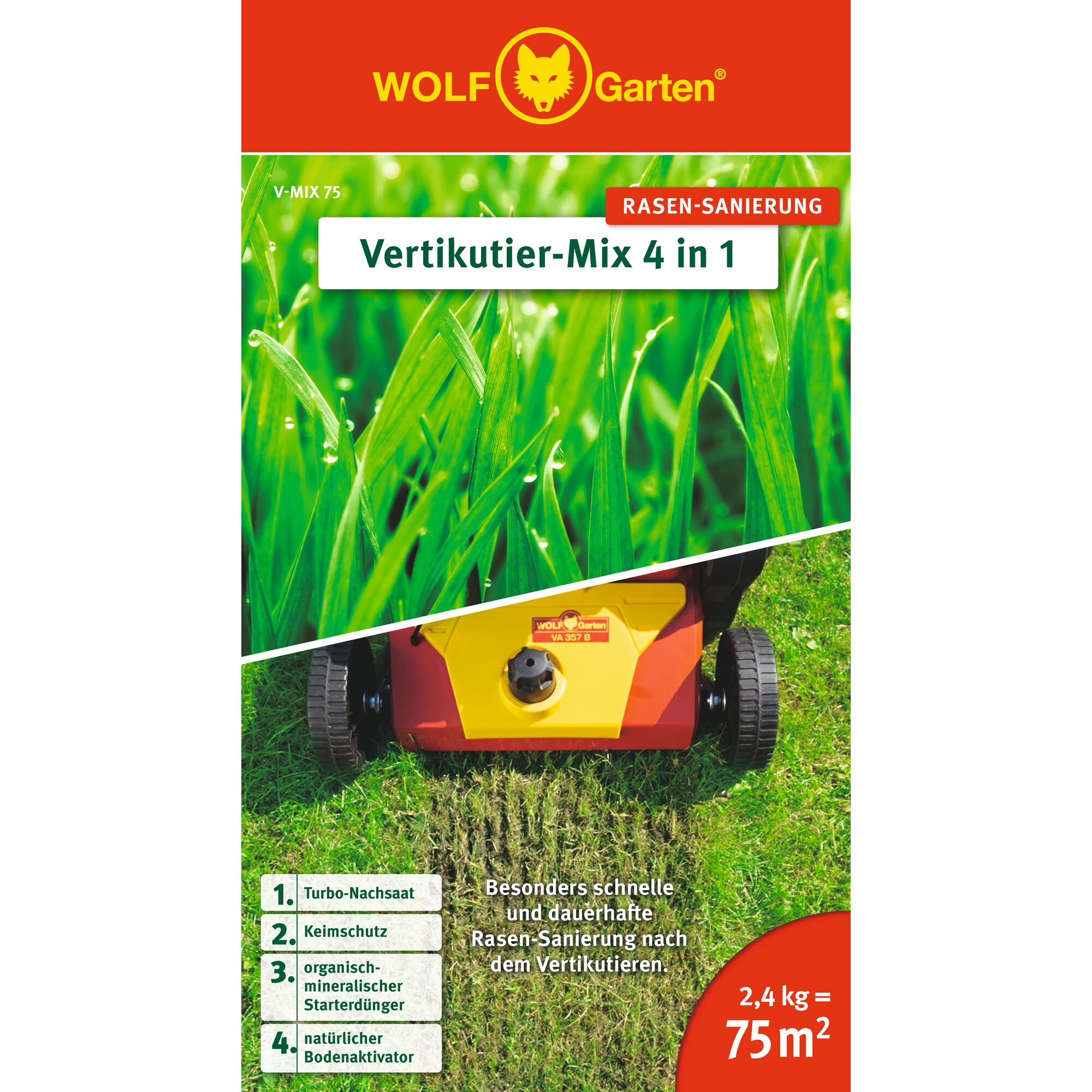 Front packaging of WOLF-Garten Vertikutier-Mix 4 in 1, a lawn recovery mix for 75 m² (2.4 kg). The package design shows close-up green grass, a yellow and red lawn scarifier machine, and highlights four components in the mix: turbo overseeding, germination protection, organic-mineral starter fertilizer, and natural soil activator.