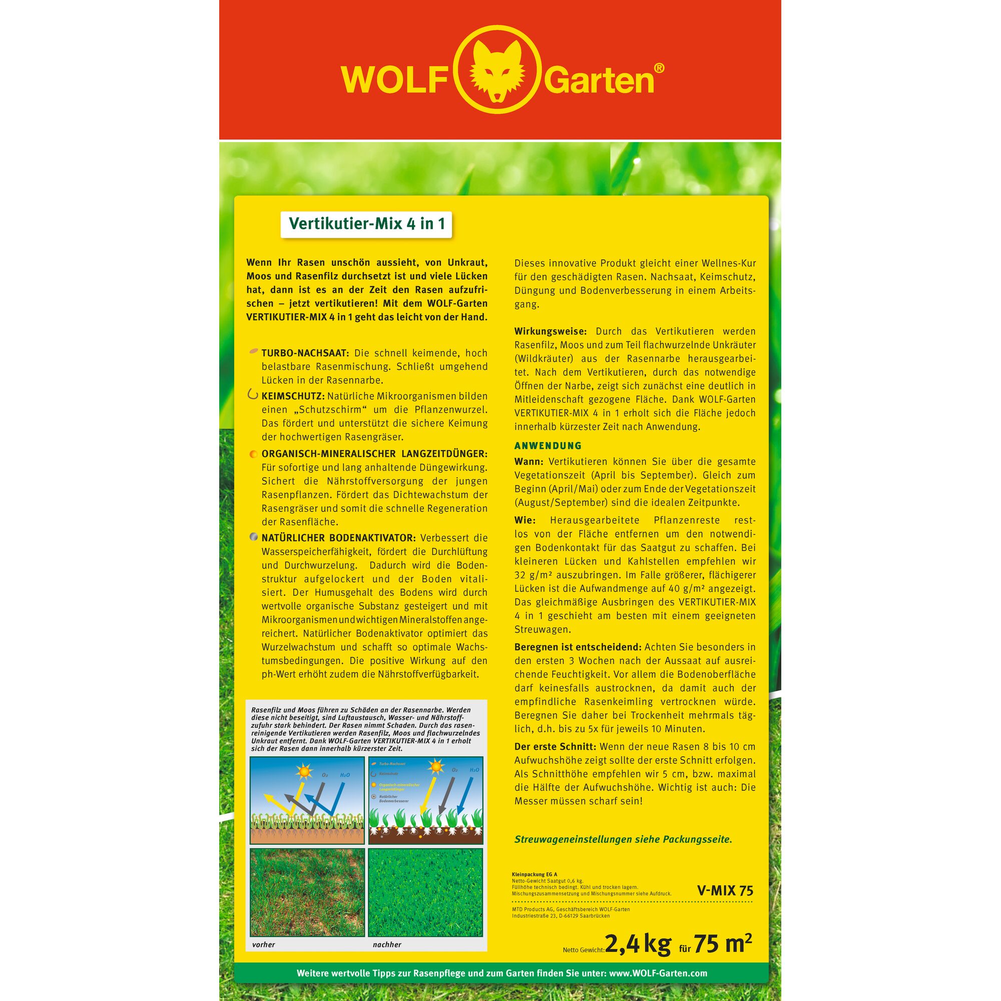 Product packaging for WOLFGarten Vertikutier-Mix 4 in 1, designed for lawn care. The packaging features detailed instructions and information about the product's benefits, including turbo reseeding, organic long-term fertilization, natural soil improvement, and microbe protection. It covers usage recommendations, effects, and spreading settings for 2.4 kg over 75 square meters.
