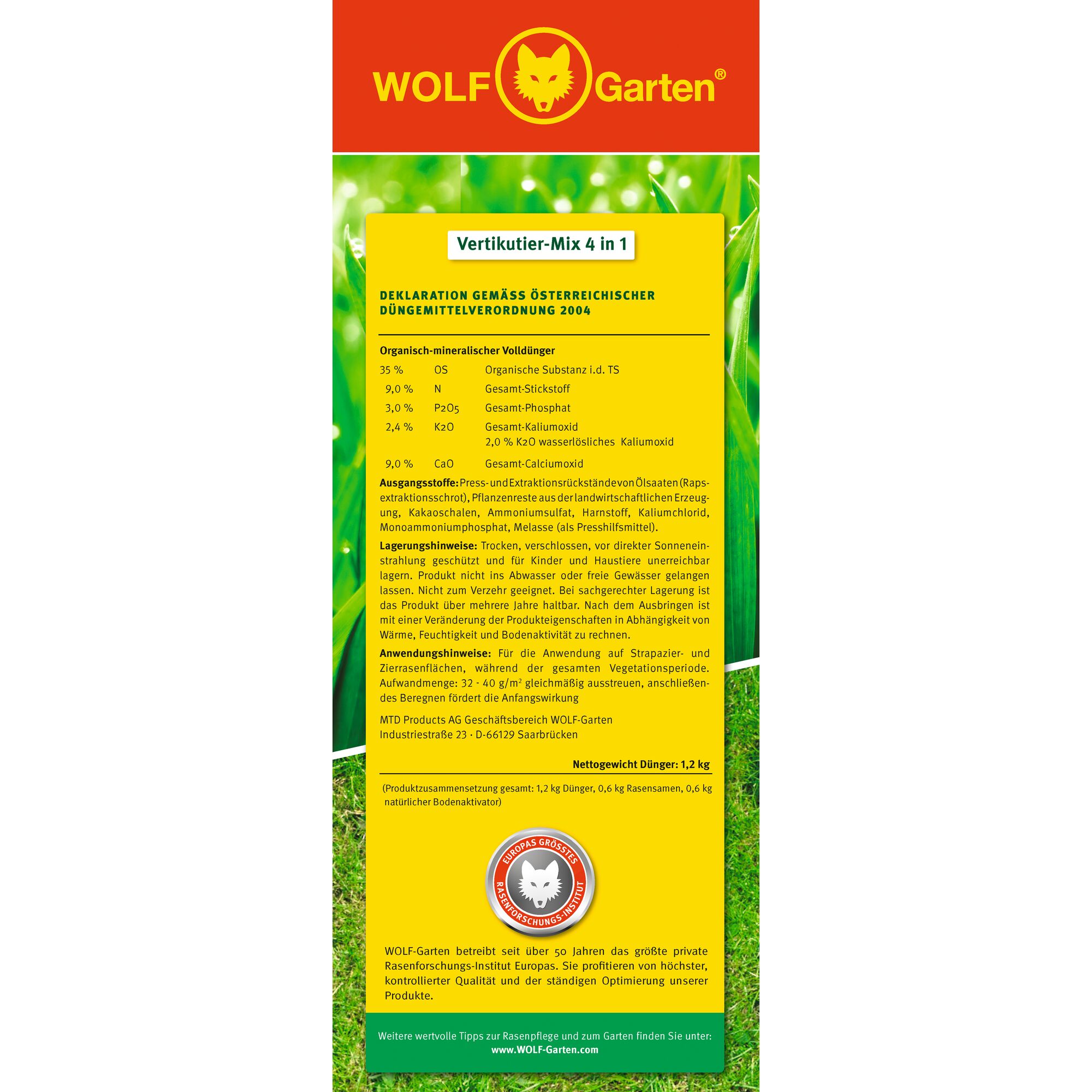 Product packaging for WOLF Garten Vertikutier-Mix 4 in 1, featuring a yellow label with text in German detailing ingredients, application instructions, storage guidelines, and company information. The upper section displays the WOLF Garten logo with a wolf head symbol in red and yellow.