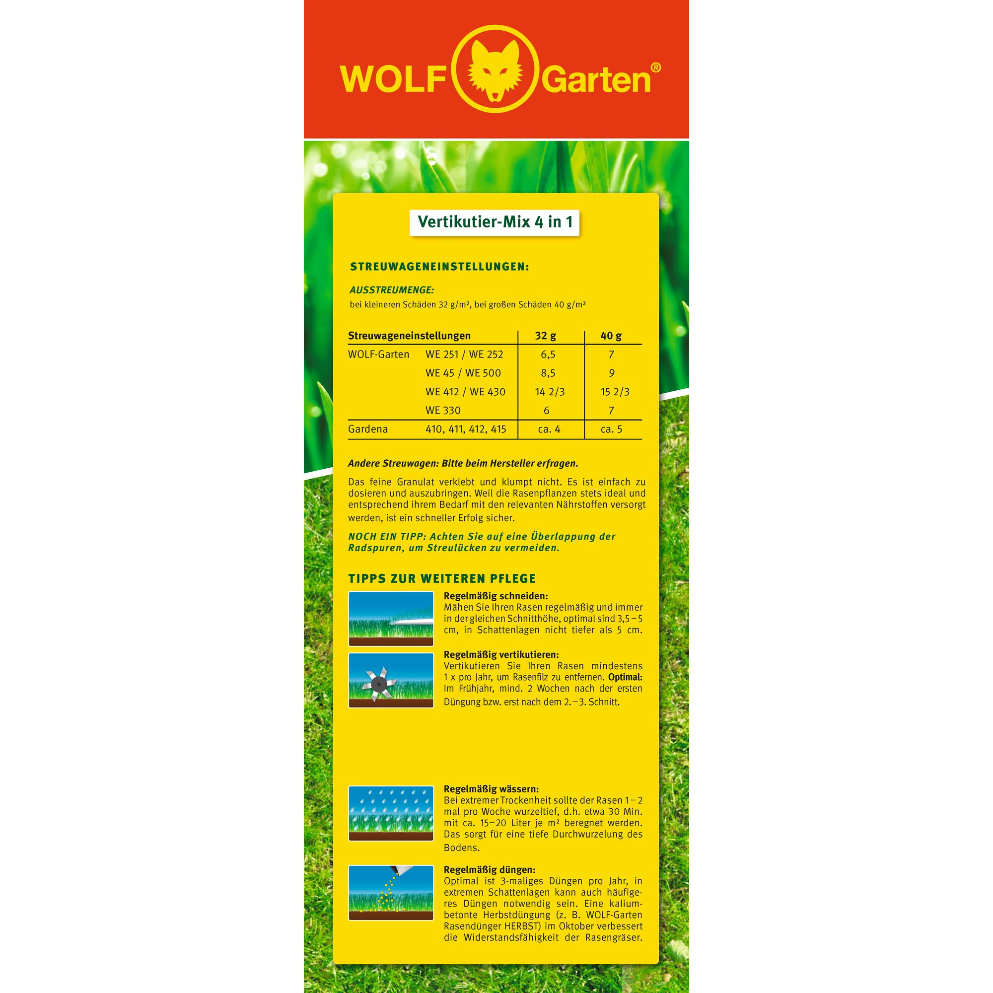 A product information sheet for WOLF-Garten Vertikutier-Mix 4 in 1. The sheet shows the logo at the top and provides detailed instructions about spreader settings, tips for lawn care including mowing, aerating, watering, and fertilizing. It includes tables with spreader settings for different models and advice for optimal lawn maintenance. The background features green grass.