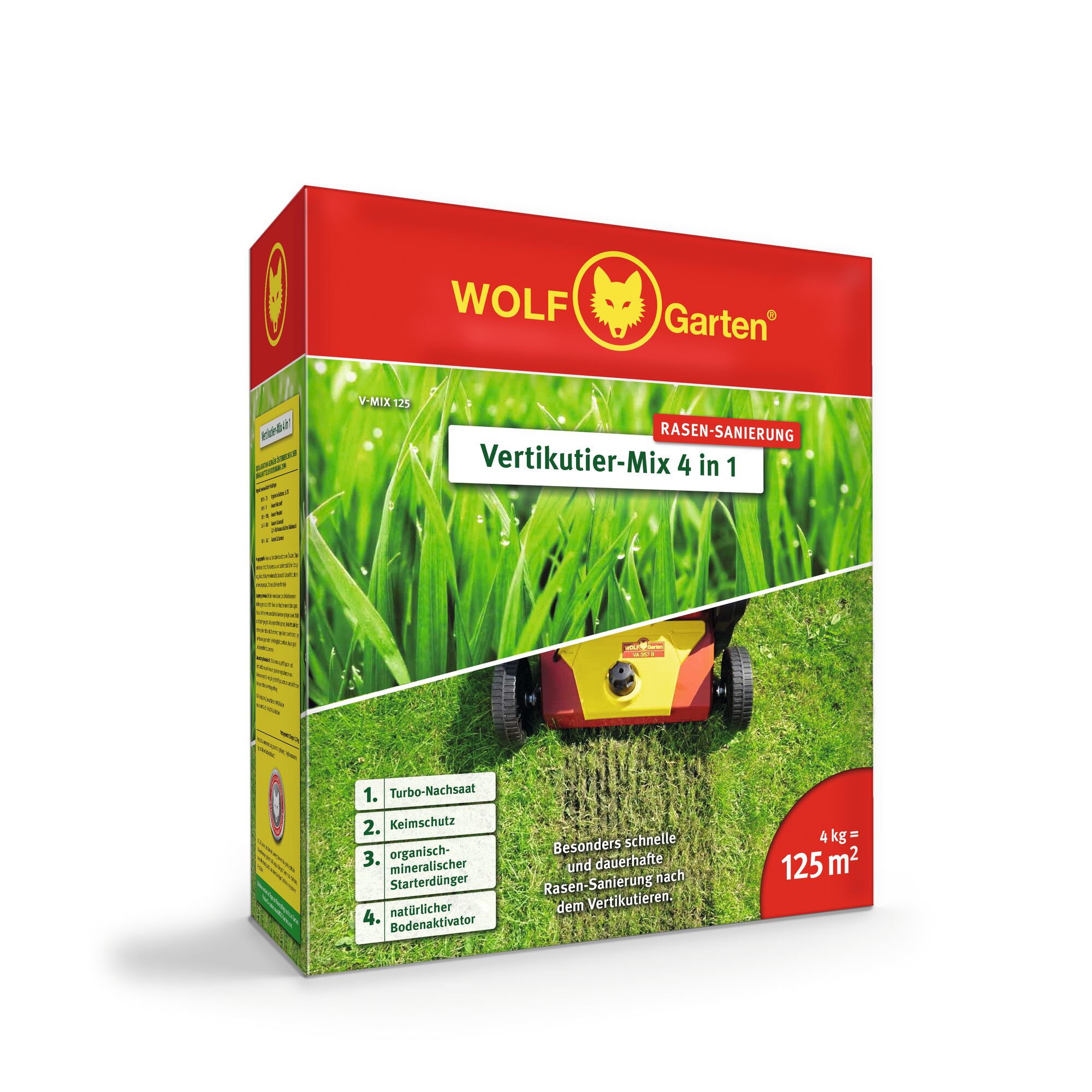 A box of WOLF Garten Vertikutier-Mix 4 in 1 lawn renovation product. The packaging is red and green with images of lush grass and a lawn tool. It is labeled for 125 square meters and contains 4 kg of product. Key features are listed including turbo overseeding, germ protection, organic-mineral starter fertilizer, and natural soil activator.