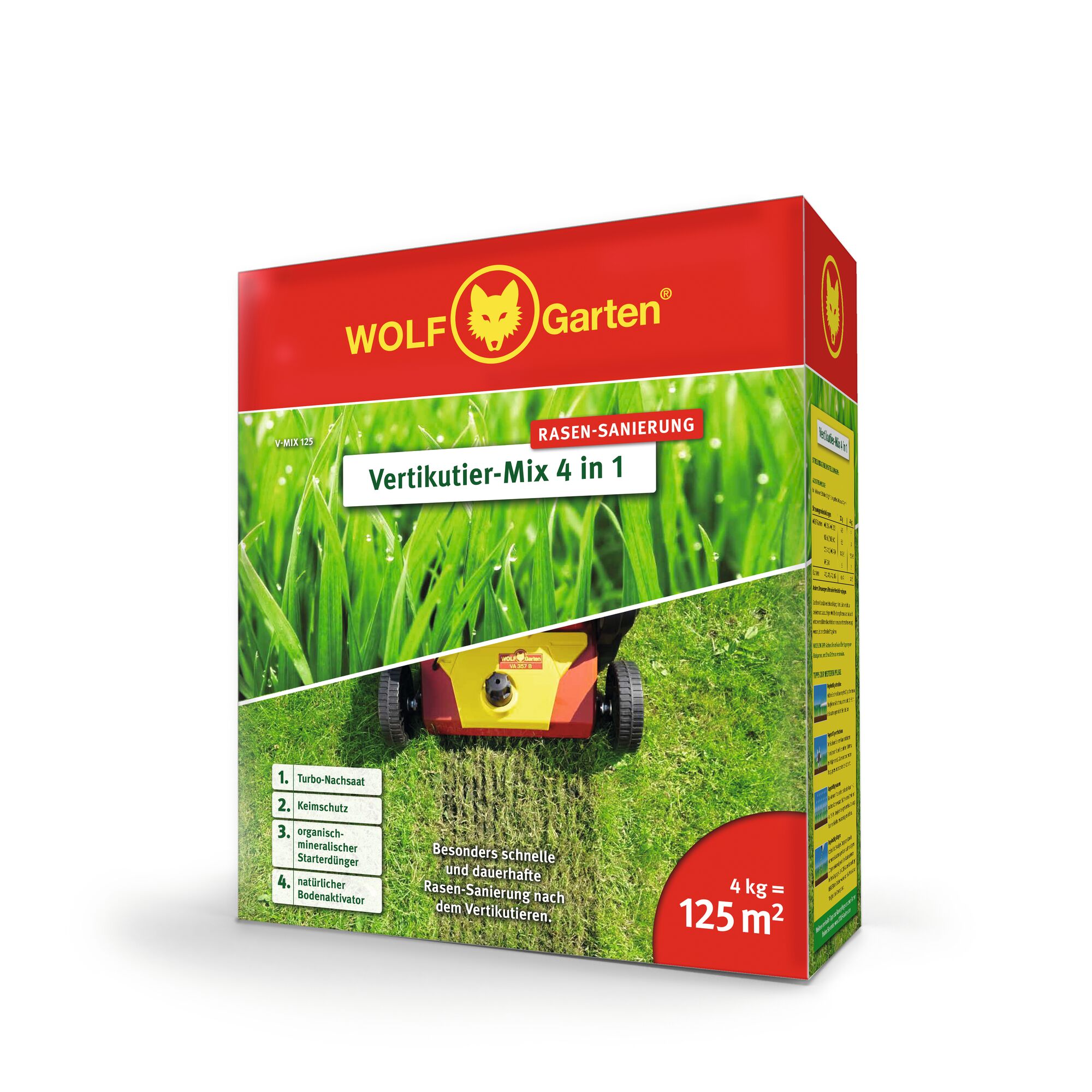 A box of WOLF Garten Vertikutier-Mix 4 in 1 lawn renovation product. The packaging is red and green with images of grass and a lawn machine. Text highlights the features such as turbo lawn repair, germ protection, organic-mineral starter fertilizer, and natural soil activator. The box indicates it covers 125 square meters (4 kg).