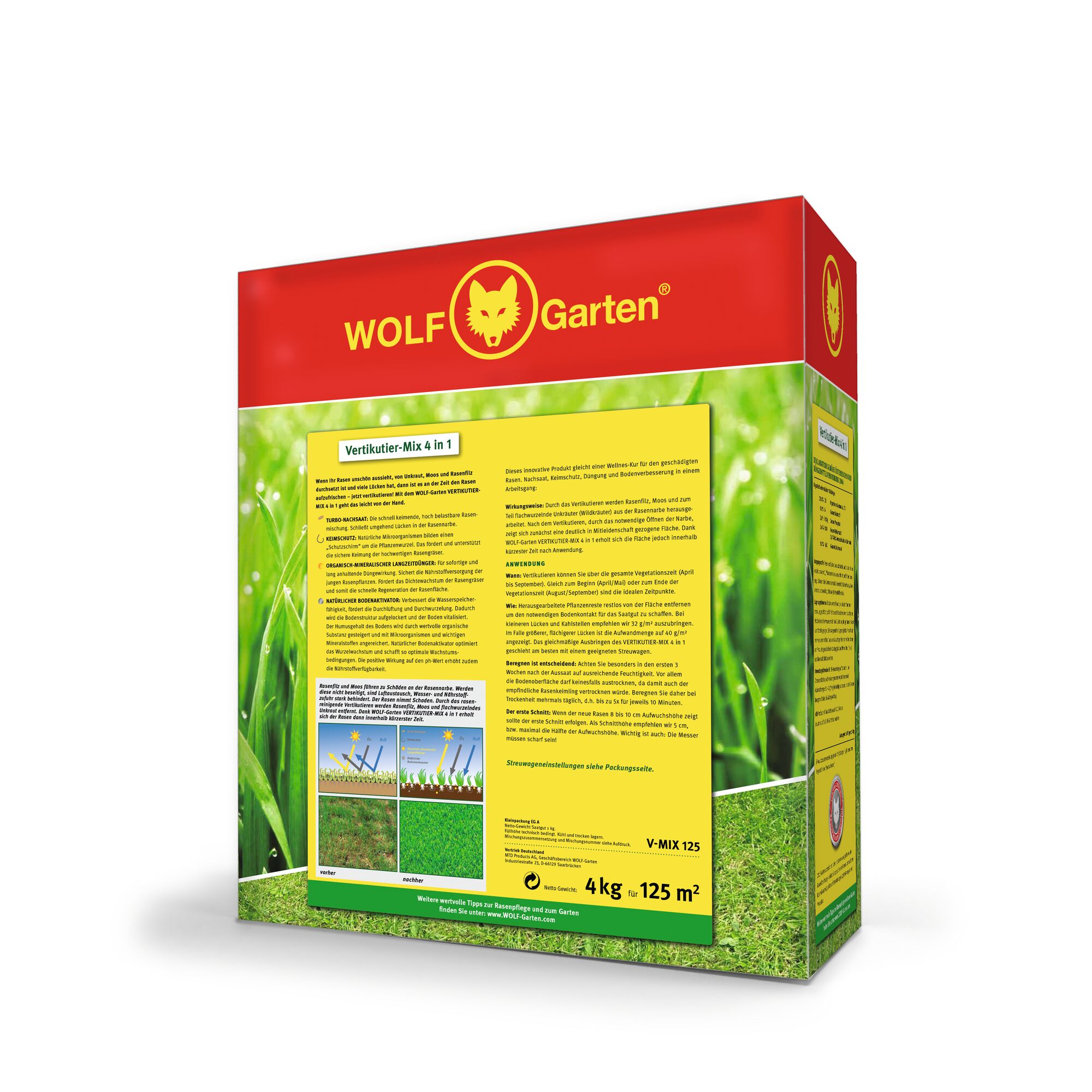 A box of WOLF-Garten Vertikutier-Mix 4-in-1 lawn care product, featuring a red top with the WOLF-Garten logo, and detailed instructions and product information on a yellow background with images of grass on the side of the packaging.