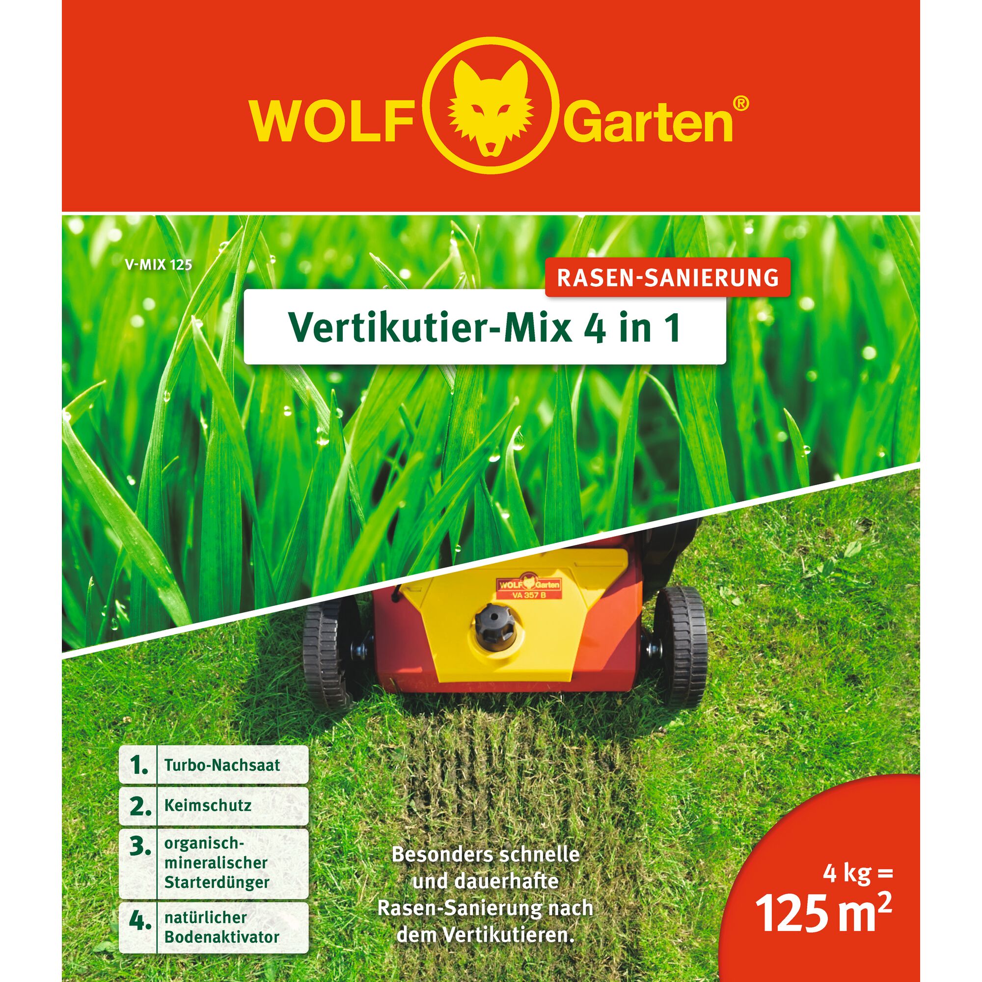 WOLFGarten Vertikutier-Mix 4 in 1 lawn renovation product packaging. The image shows vibrant green grass, a lawn scarifier, and details the four features: turbo reseeding, germ protection, organic-mineral starter fertilizer, and natural soil activator. The packaging indicates coverage of 125 square meters with 4 kg.