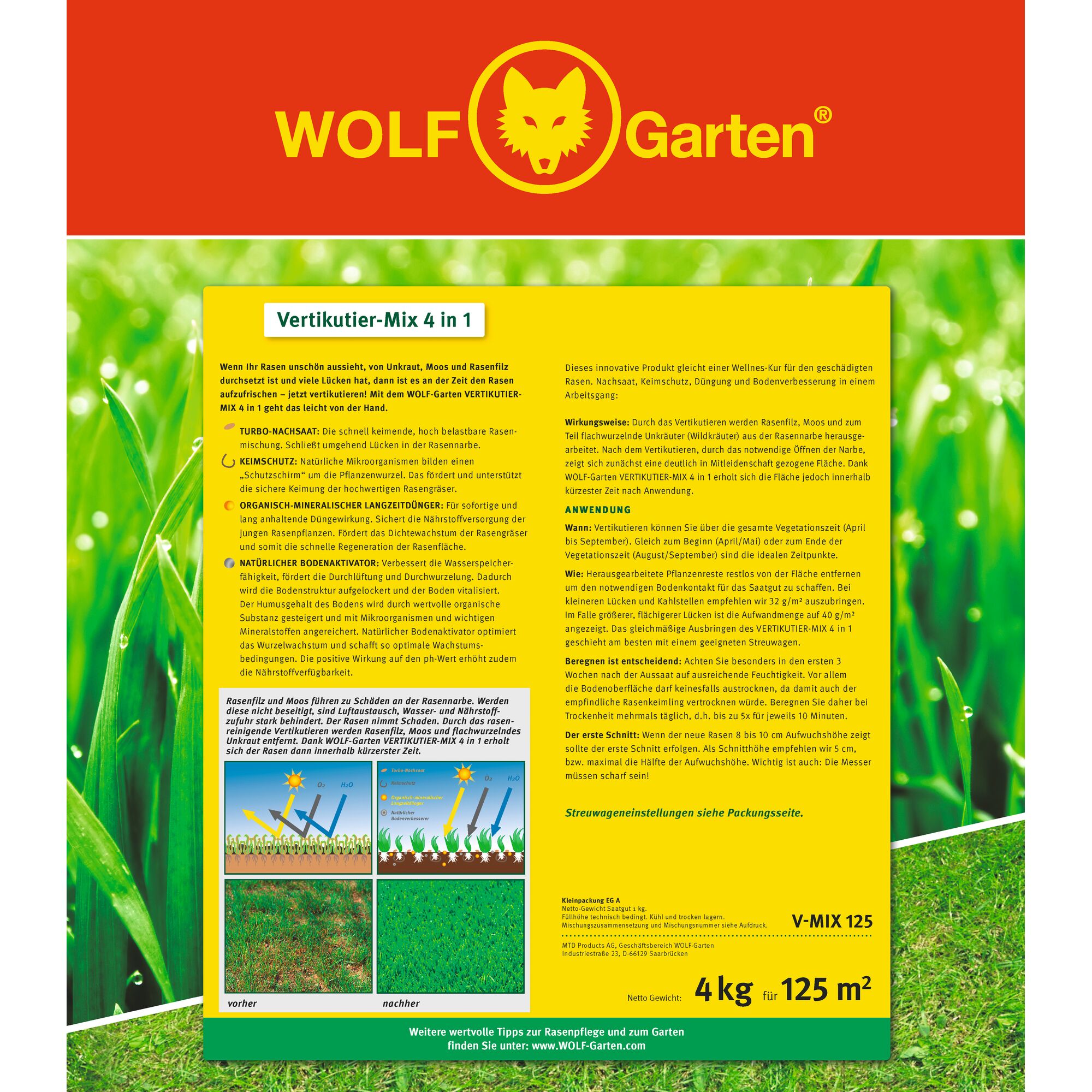 Front packaging of the WOLF-Garten Vertikutier-Mix 4 in 1 garden product. The yellow and red design features the WOLF-Garten logo at the top with a stylized wolf head. The main section describes the product's use for lawn care, emphasizing features like turbo-moss removal, lawn renovation, long-lasting mineral fertilizer, and natural soil improvement. Instructions and application details are provided, along with a small diagram showing 'before' and 'after' lawn conditions. The package covers 125 square meters and weighs 4 kg.