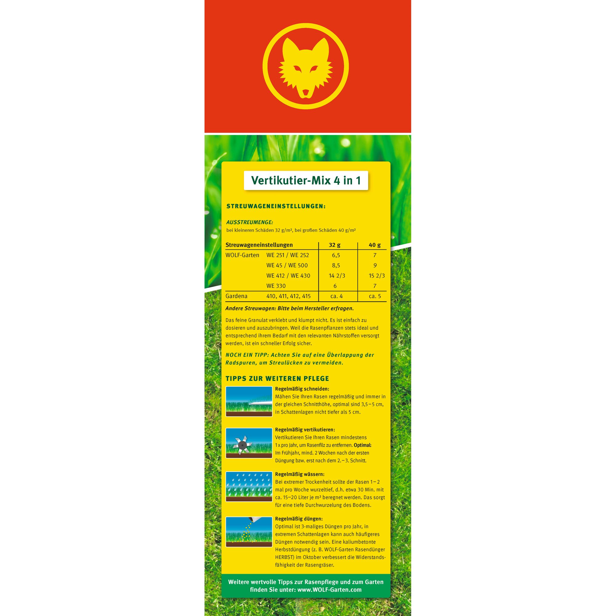 Vertical product information card for WOLFGarten Vertikutier-Mix 4 in 1, featuring the WOLFGarten logo at the top, settings for spreaders in a table, instructions for application, tips for lawn care and maintenance, and a website link for more information. The card has a red and yellow design with green grass imagery.
