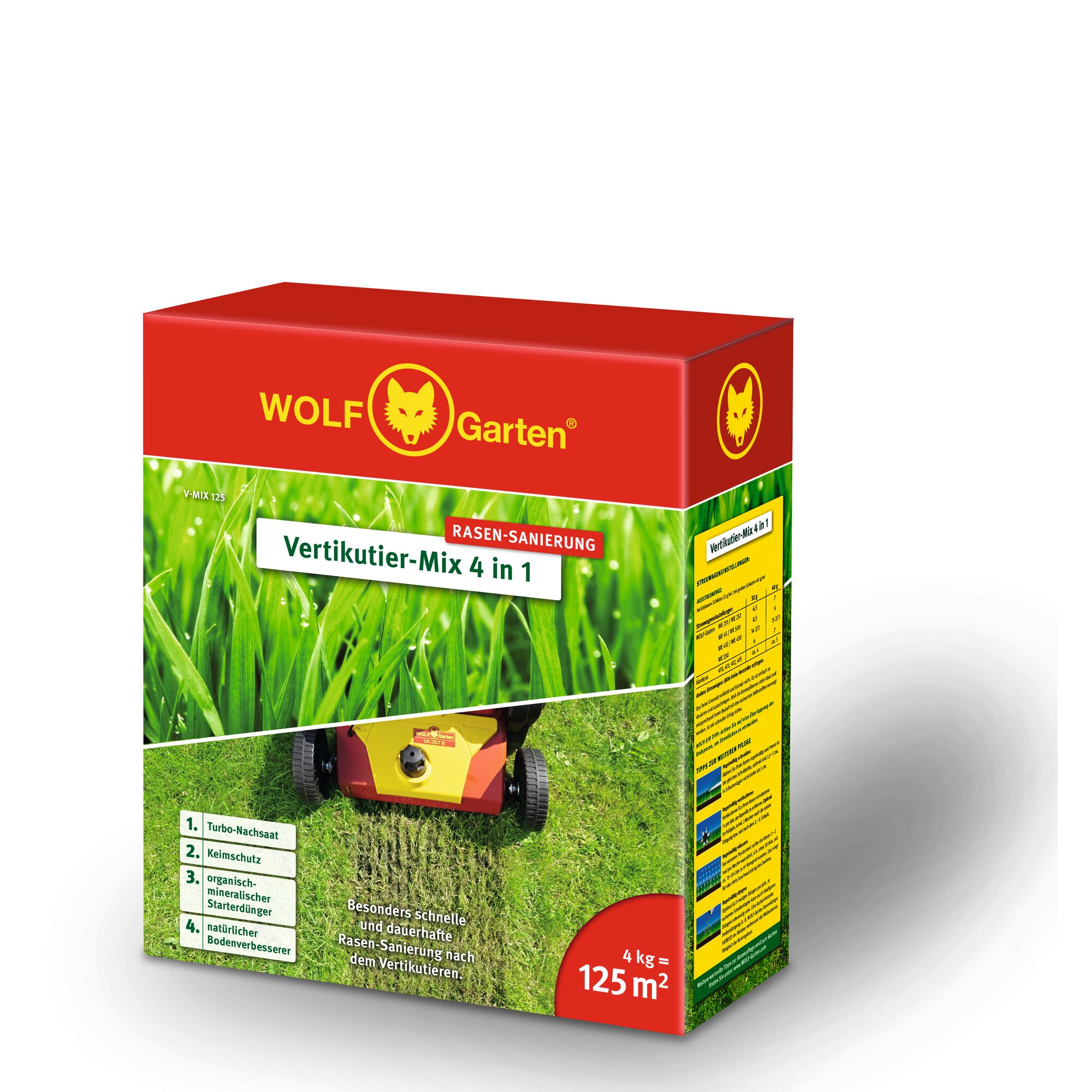 A box of WOLF Garten Vertikutier-Mix 4 in 1 lawn care product. The packaging is red with green grass imagery and features a lawn repair mix for 125 square meters, weighing 4 kg. The front highlights its 4 functions, including turbo overseeding, seed protection, organic-mineral starter fertilizer, and natural soil improvement.