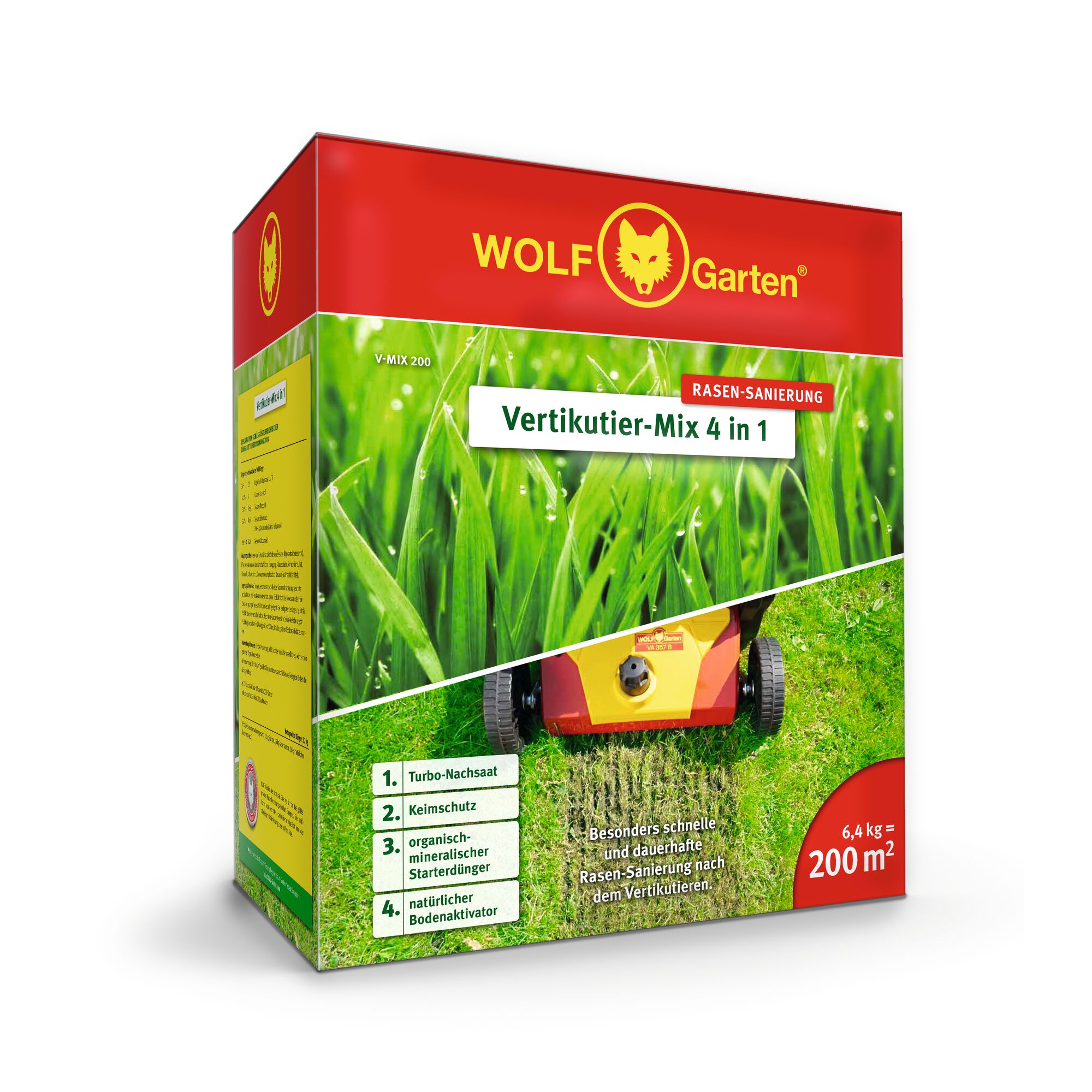 A box of WOLFGarten Vertikutier-Mix 4 in 1 for lawn renovation, designed for 200 square meters, weighing 6.4 kg. The packaging shows grass, a lawn scarifier, and lists four functions: turbo reseeding, seed protection, organic-mineral starter fertilizer, and natural soil activator.