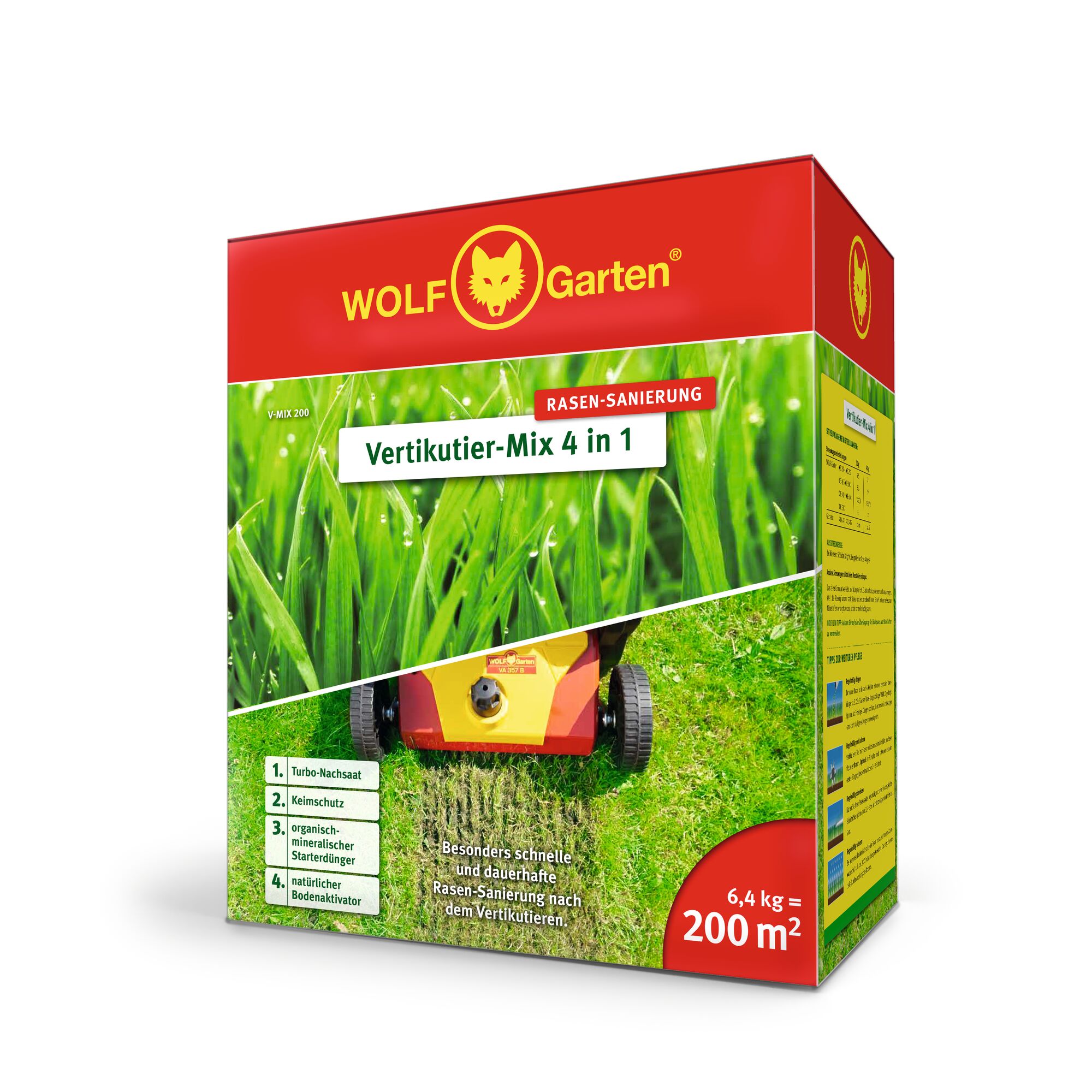 WOLF-Garten Vertikutier-Mix 4 in 1 lawn repair product box, featuring a red and yellow design with grass imagery. The packaging highlights features such as turbo reseeding, seed protection, organic-mineral starter fertilizer, and natural soil activator, suitable for 200 m² and weighing 6.4 kg.