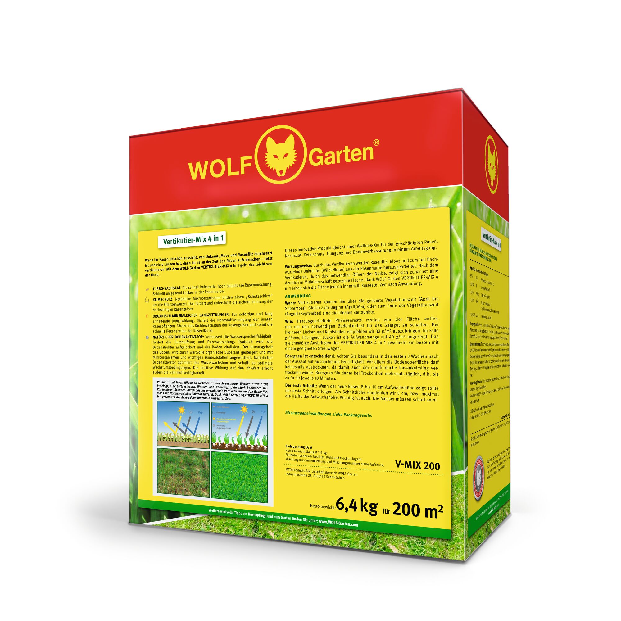 A box of WOLFGarten Vertikuter-Mix 4 in 1, lawn treatment product for 200 square meters, weighing 6.4 kilograms. The packaging is red and yellow with detailed instructions and product information in German, including images showing the product's effects on grass.