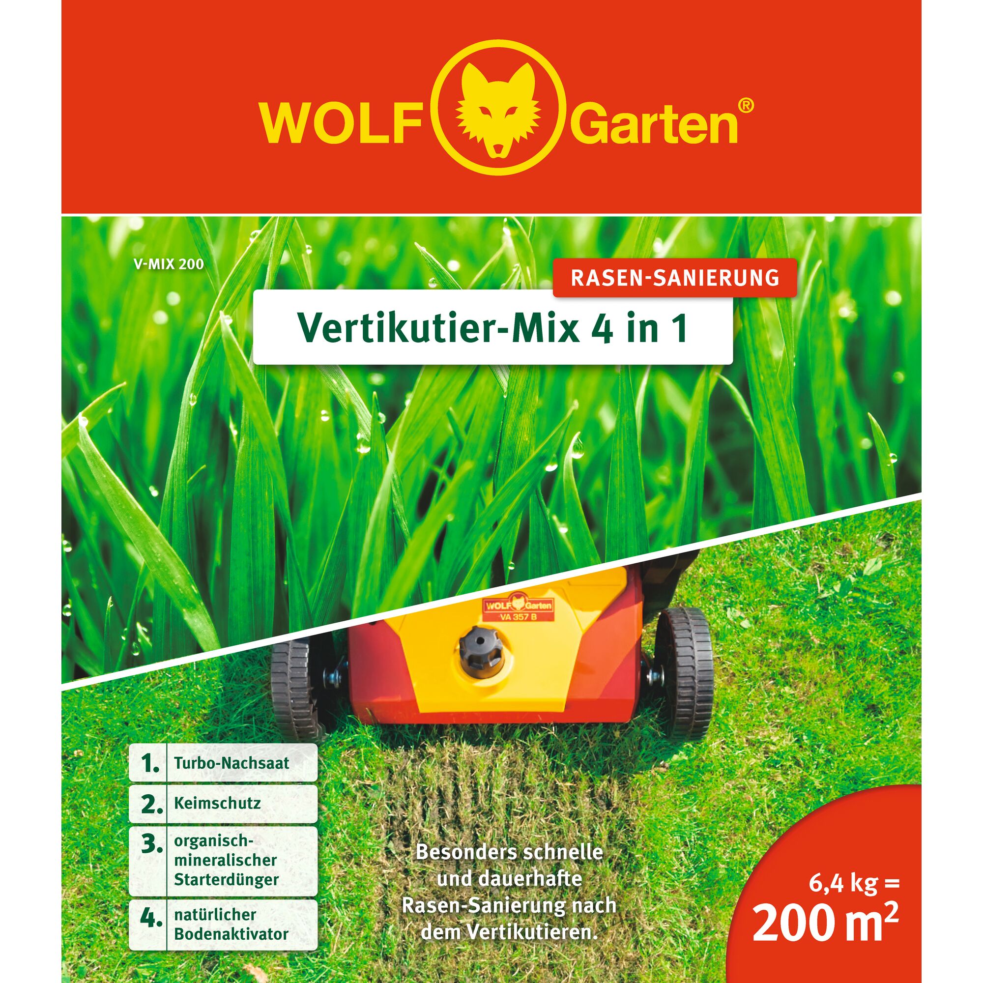 Packaging of WOLF Garten Vertikutier-Mix 4 in 1, a lawn renovation product. The image shows green grass, a lawn scarifier machine and product features such as turbo overseeding, germ protection, organic mineral starter fertilizer, and natural soil activator. Coverage is indicated as 6.4 kg for 200 m².