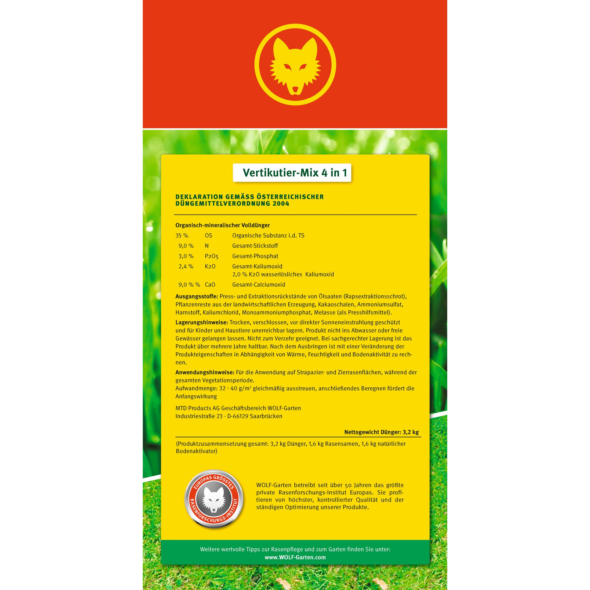Product packaging of WOLF-Garten Vertikutier-Mix 4 in 1. The packaging has a bright yellow and green design with a red section at the top displaying the WOLF-Garten logo featuring a wolf's head in a circle. The front of the package contains detailed product information in German, including organic-mineral fertilizer composition and application instructions. There is also a description highlighting the use for lawns and the ingredients.