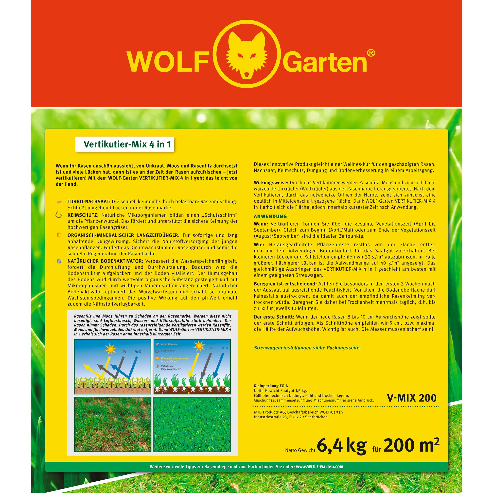 Product packaging for WOLF-Garten Vertikutier-Mix 4 in 1 fertilizer. The package features a red and yellow design with the WOLF-Garten logo at the top. Detailed instructions, descriptions of the benefits (such as Turbo-Reseed, Microbial Protection, Organic-Mineral Long-Term Fertilizer, and Natural Soil Activator), and usage guidelines are printed in German. A diagram at the bottom left shows an illustration of how the product works on a lawn. The package indicates it is suitable for 200 square meters and weighs 6.4 kg.