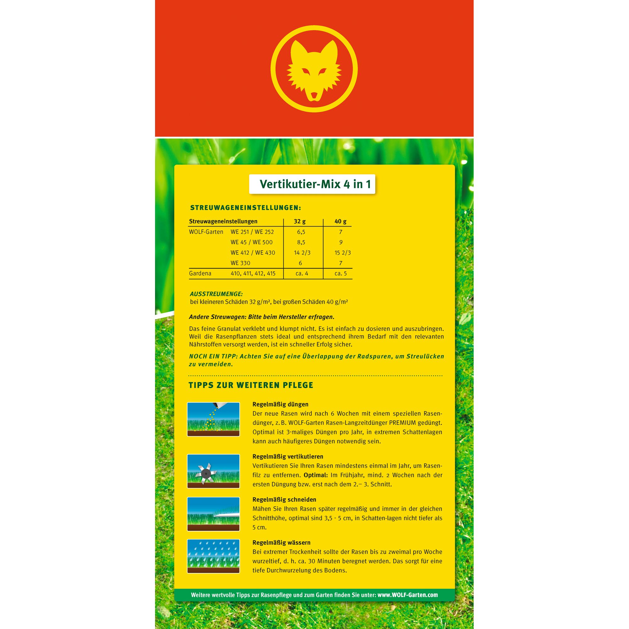 Product packaging for WOLF-Garten Vertikutier-Mix 4 in 1. The label features instructions for spreading machine settings, application amounts, and lawn care tips. The packaging is primarily yellow with a red section at the top displaying the WOLF-Garten logo. Information includes dosage advice, care tips for fertilizing, scarifying, mowing, and watering, as well as recommendations for avoiding gaps when spreading.