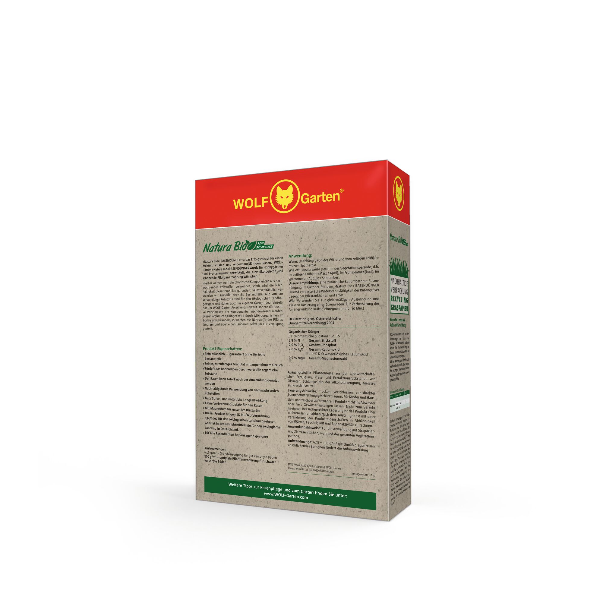 Back view of a WOLF-Garten product box with a red top and yellow logo. The box contains detailed product information and is labeled Natura Bio, intended for lawn care.