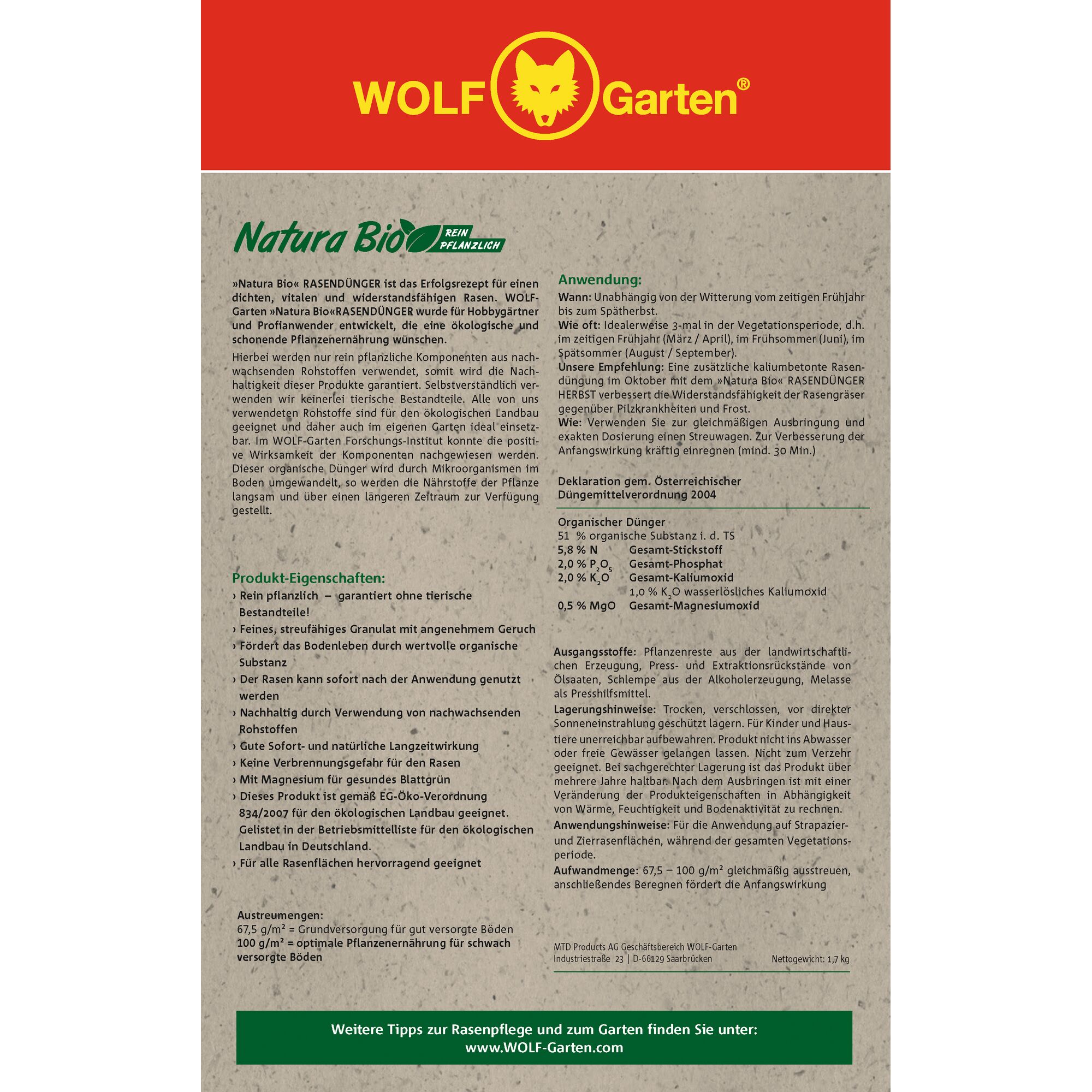 Product packaging for WOLF-Garten Natura Bio RASENDÜNGER (lawn fertilizer). The image contains detailed product information in German, including features, instructions for use, ingredients, and application guidance. The packaging also highlights the organic and plant-based nature of the fertilizer and includes a website link for lawn care tips.