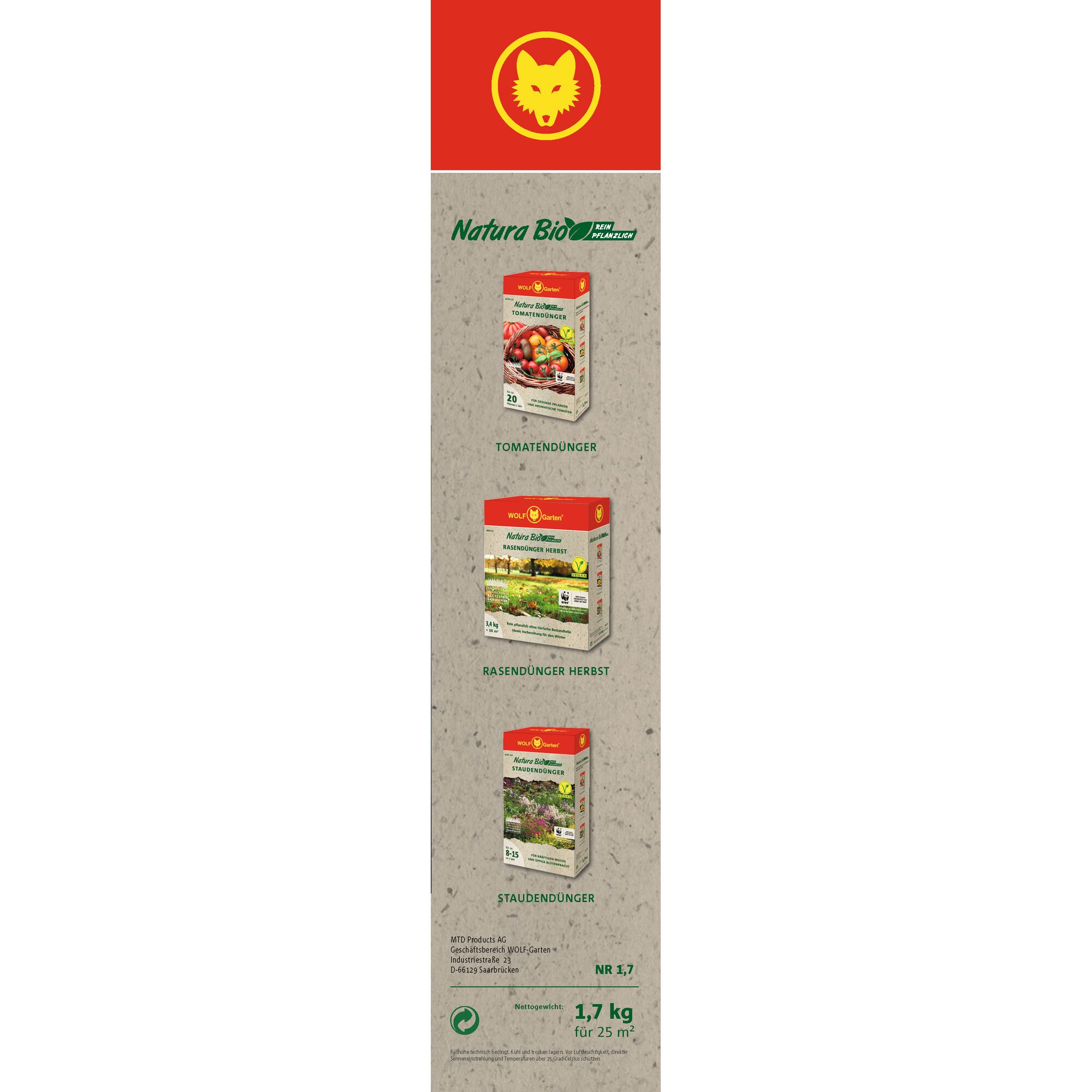 Vertical banner displaying three WOLFGarten NaturaBio garden fertilizer products: tomato fertilizer, autumn lawn fertilizer, and perennial fertilizer. The banner features the WOLFGarten logo and product details on a beige background.