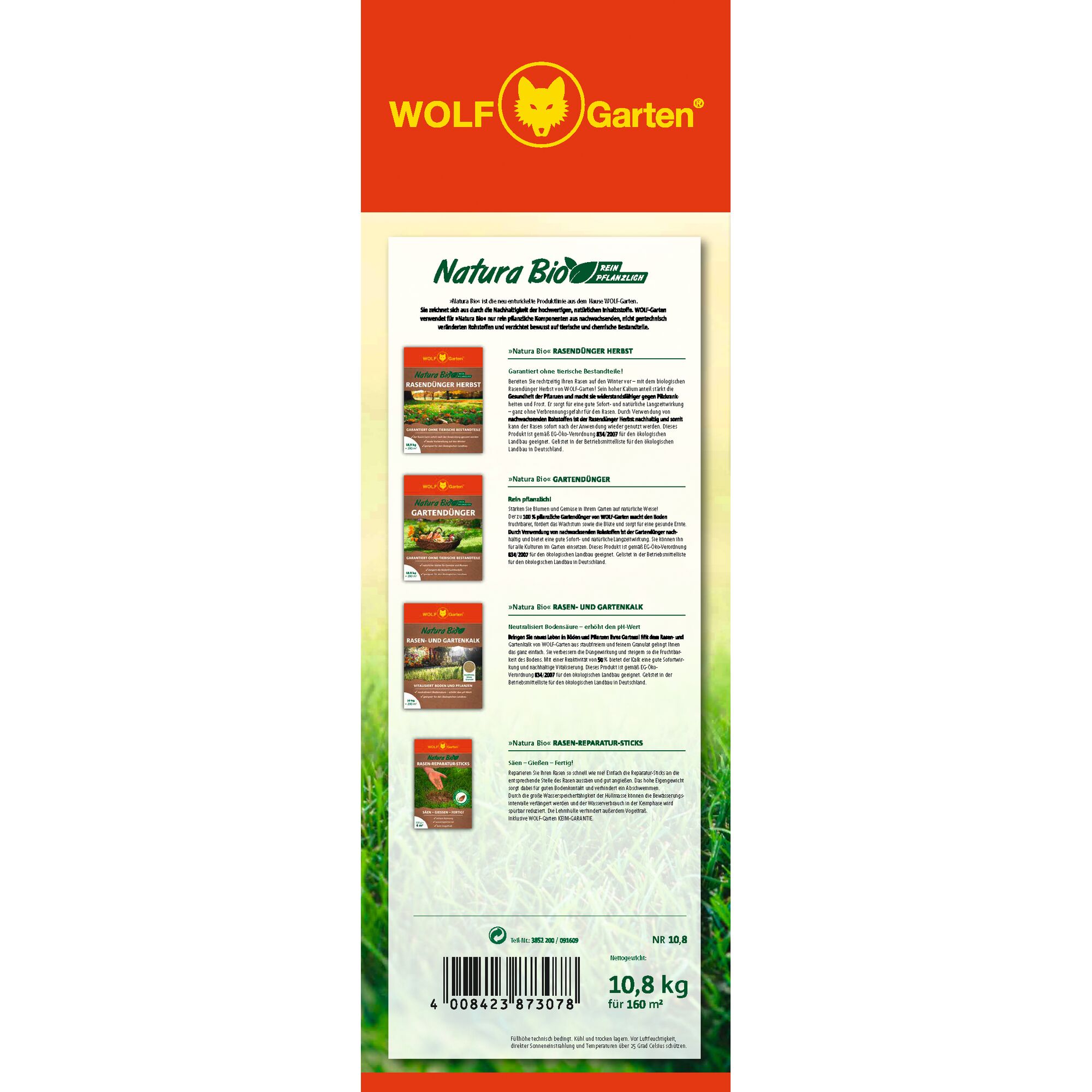 Back view of a WOLF-Garten product package displaying information about various Natura Bio fertilizers. The upper section features the WOLF-Garten logo on a red background. The central area provides detailed descriptions and images of different fertilizer products for lawns and gardens, including autumn lawn fertilizer, garden fertilizer, lawn and garden lime, and lawn repair sticks. There is a barcode and weight information at the bottom.