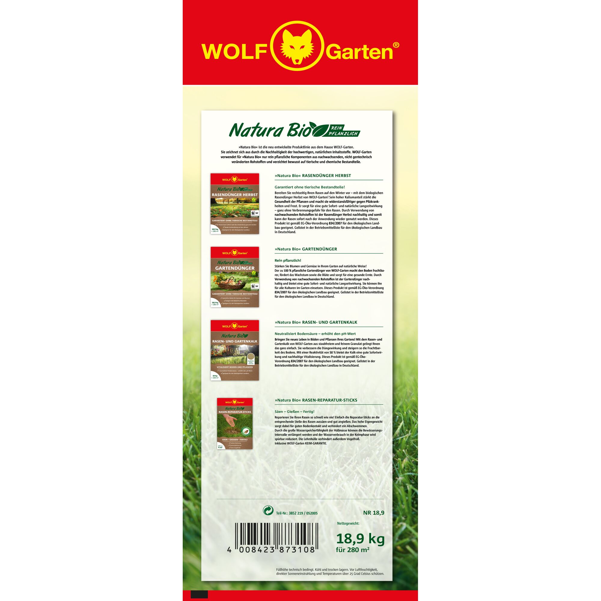 Product packaging for WOLF Garten Natura Bio lawn and garden care. The package shows a red header with the WOLF Garten logo, detailed product information in German, descriptions of different Natura Bio products for lawns and gardens, a barcode, and weight information (18.9 kg for 280 m²).