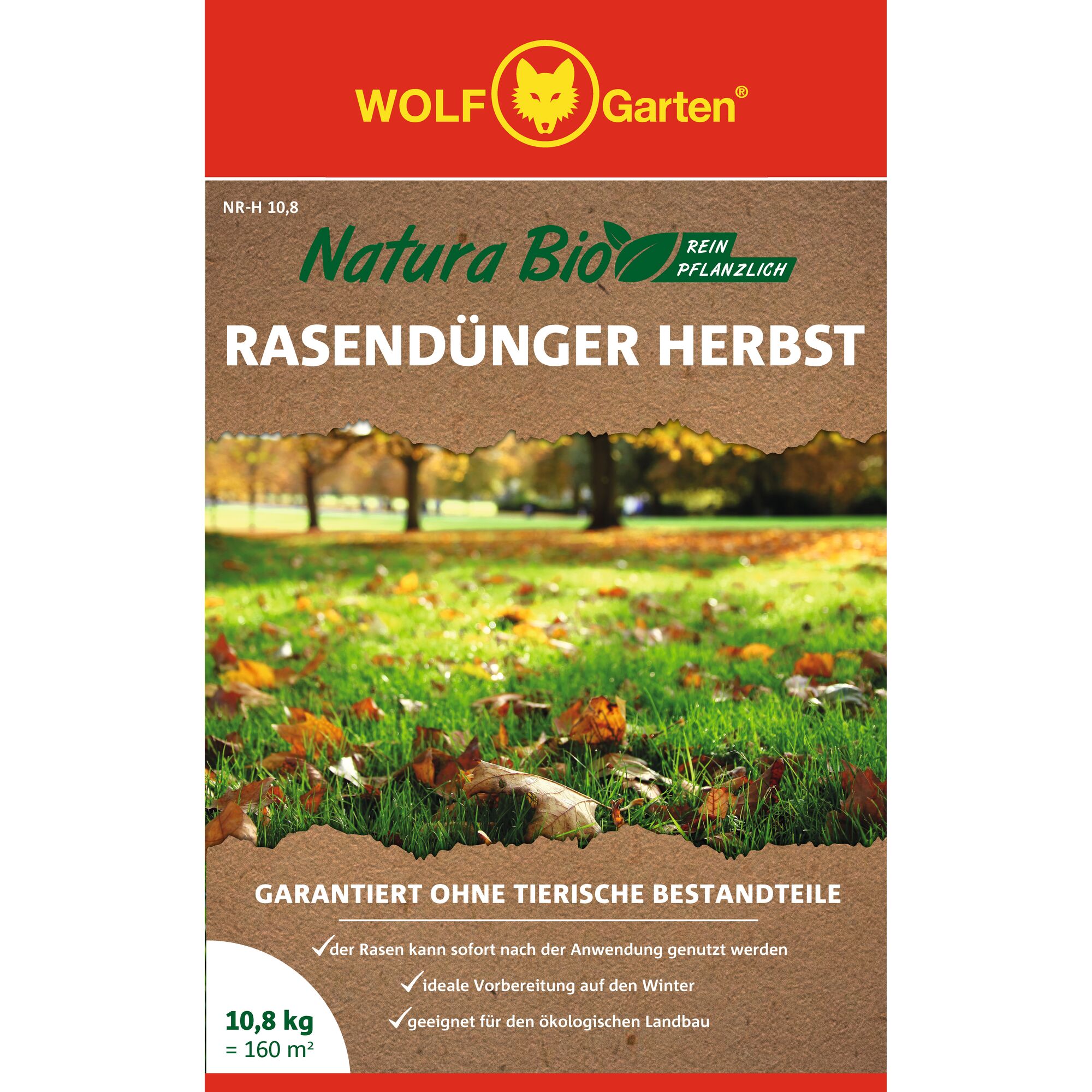 Front packaging of WOLF Garten Natura Bio Autumn Lawn Fertilizer, showing autumn leaves scattered on grass in a park setting. The product is marked as purely plant-based, suitable for 160 square meters and weighs 10.8 kg. German text highlights it contains no animal ingredients, can be used immediately, prepares lawn for winter, and is suitable for organic farming.