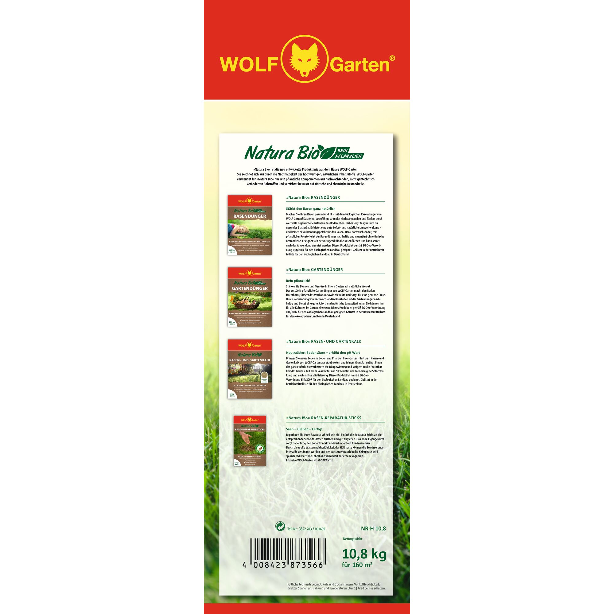 Back view of a WOLF-Garten Natura Bio product packaging. The package has a red top section with the WOLF-Garten logo and multiple product descriptions in German with images of package variations. The lower section shows grass and contains a barcode and product details, including weight (10.8 kg) and coverage area (160 m²).