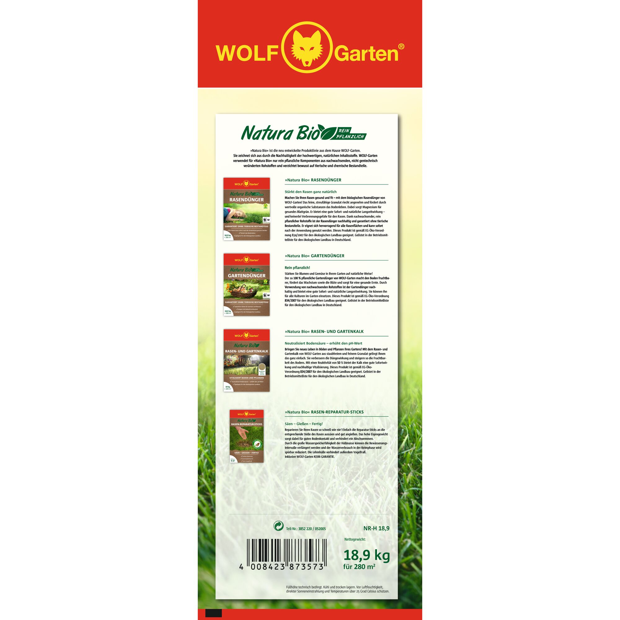 Product packaging for WOLF-Garten Natura Bio lawn and garden care items. The packaging features the WOLF-Garten red and yellow logo, several product descriptions for organic fertilizers, repair sticks, and lime for lawns and gardens, and information in German. It also shows weight and barcode details at the bottom.