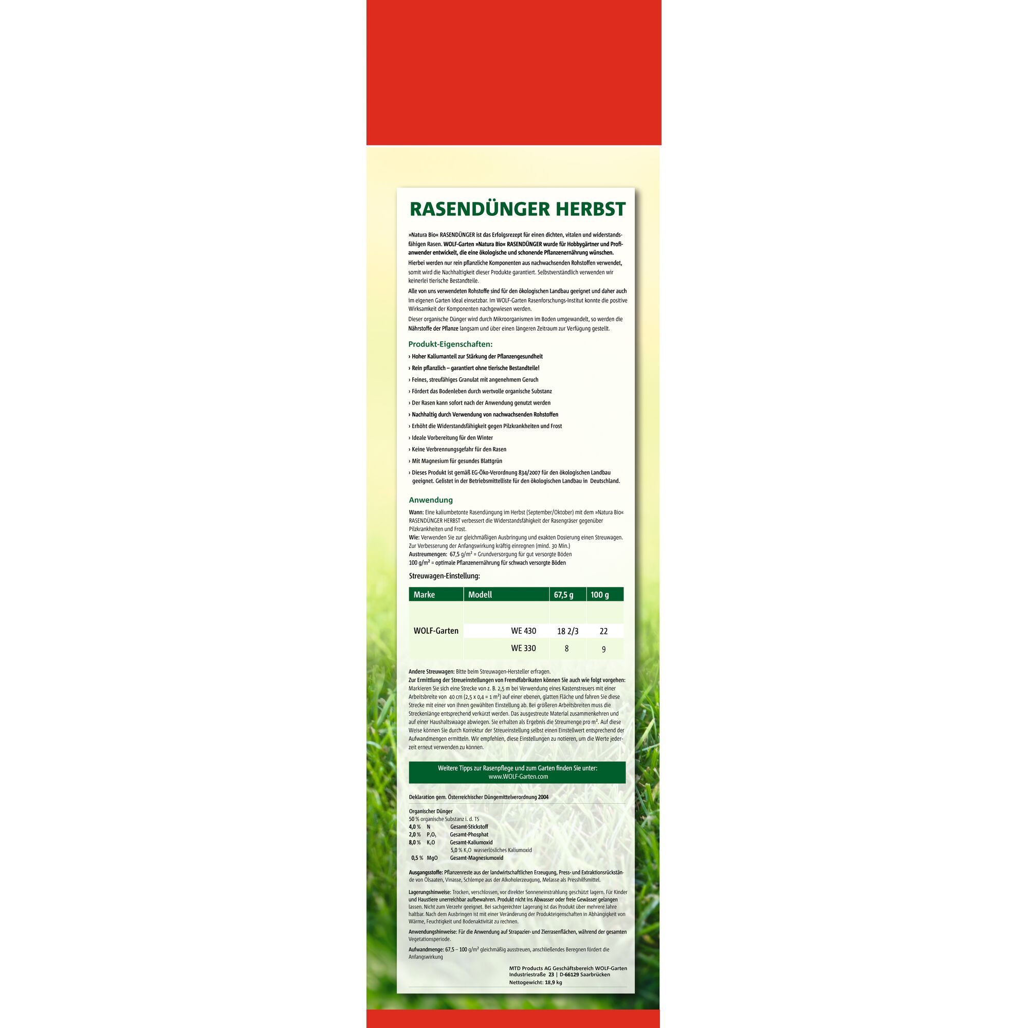Product image of WOLF-Garten autumn lawn fertilizer (RASENDÜNGER HERBST), showing a detailed label with text in German describing product features, usage instructions, nutrient composition, dosage, and application information. The label is predominantly green and white with a red border at the top and bottom.