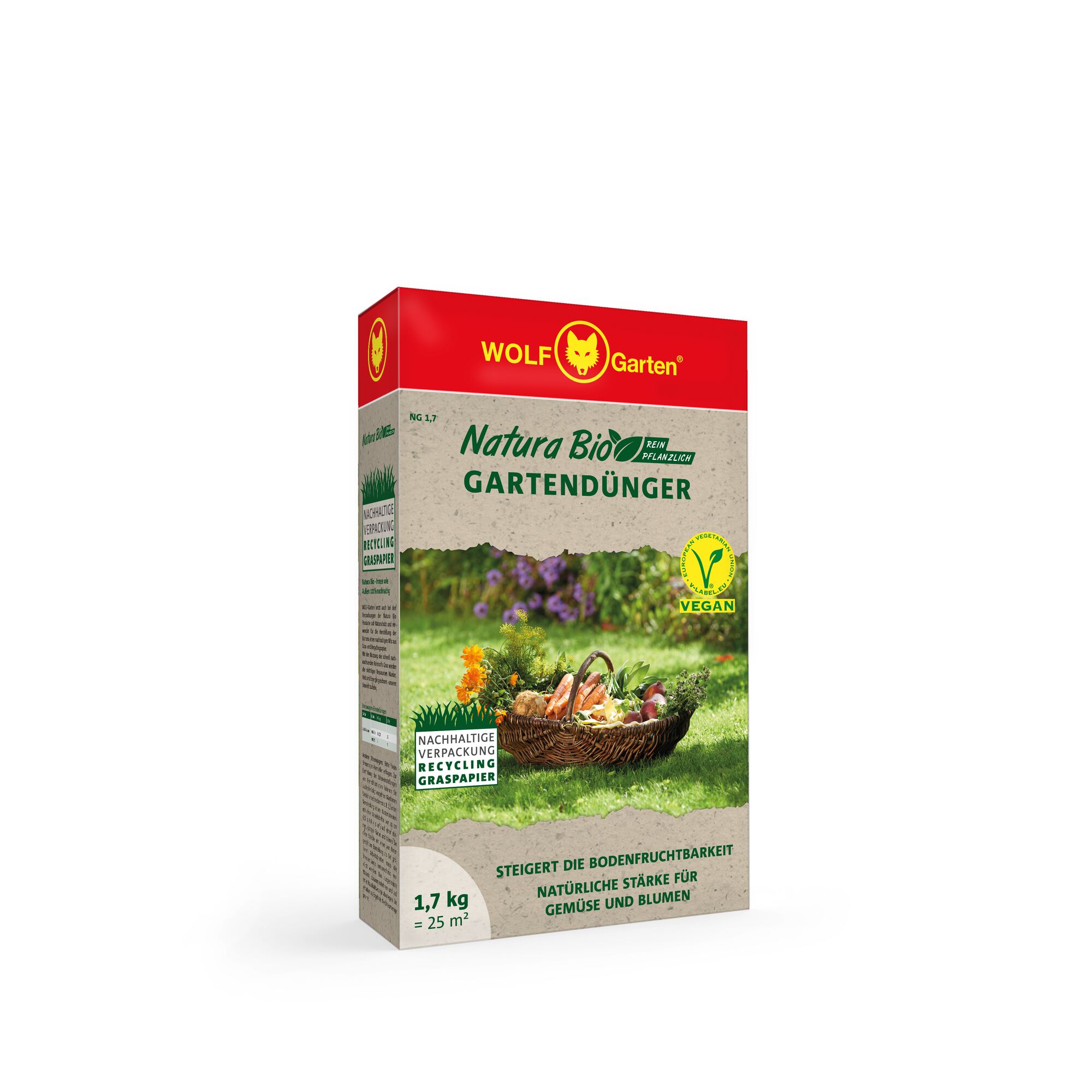 Box of WOLF Garten Natura Bio vegan garden fertilizer, weighing 1.7 kg, suitable for 25 square meters. The packaging features a basket of vegetables and flowers and promotes sustainable recycling with grass paper.