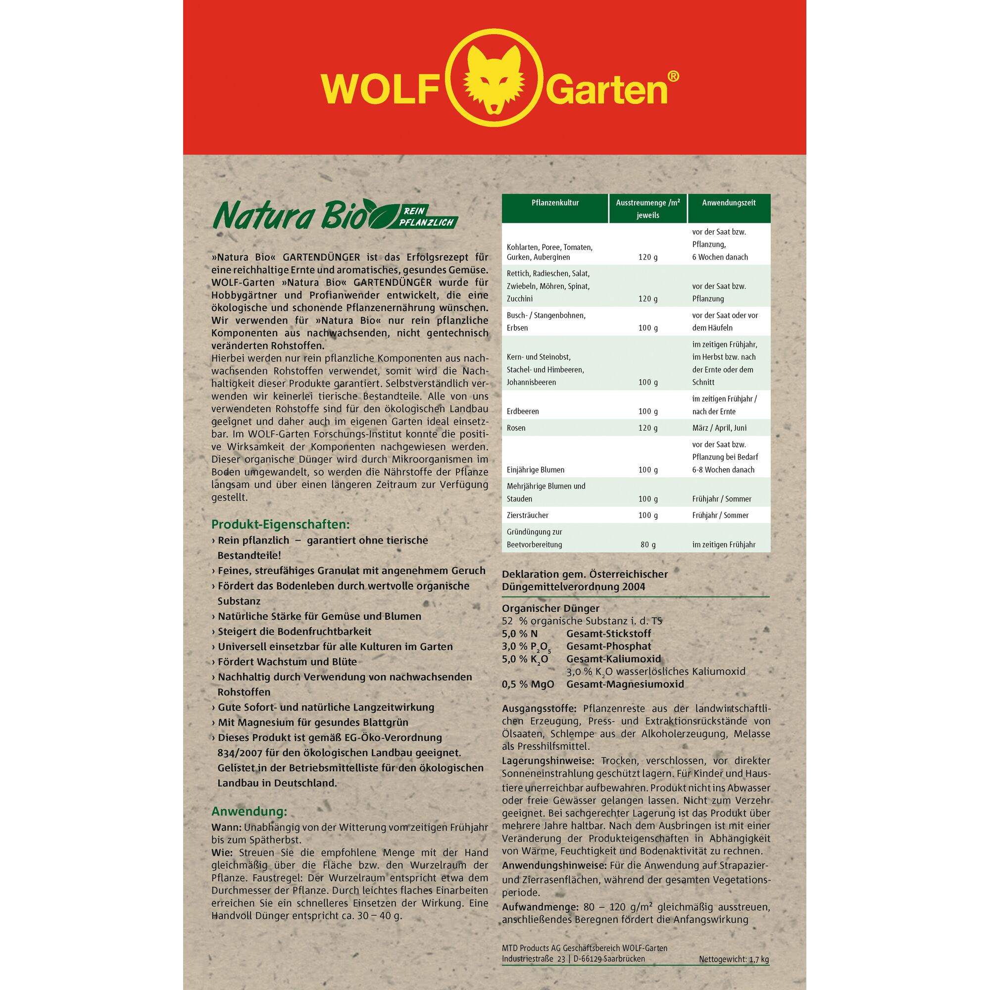 Product information sheet for WOLF-Garten Natura Bio GARDEN FERTILIZER. The sheet features branding at the top, product description, features, application instructions, and ingredient details. The information is primarily in German and includes recommended application quantities for various plants, benefits for soil and plant health, and organic certification details.
