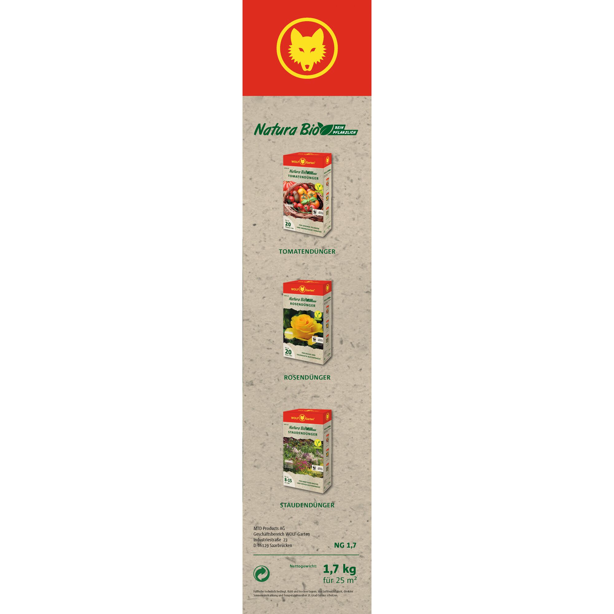 Vertical banner displaying three WOLFGarten Natura Bio gardening products. From top to bottom: tomato fertilizer, rose fertilizer, and perennial plant fertilizer. Each product box is shown with relevant imagery and information, under a red section featuring a yellow wolf head logo.