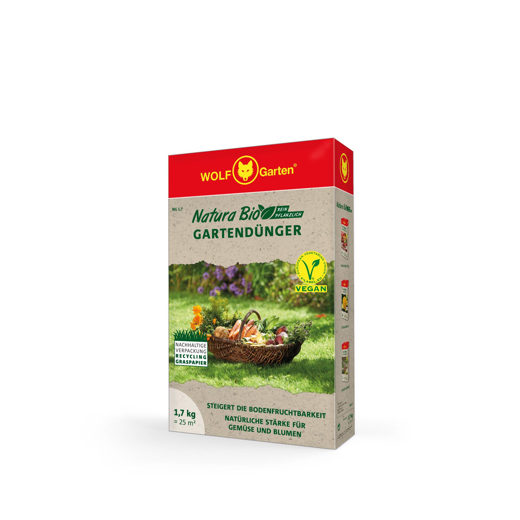 A rectangular box of WOLF-Garten Natura Bio vegan garden fertilizer. The packaging is beige with a red top and displays a basket of vegetables and flowers, alongside sustainability and vegan labels. It indicates 1.7 kg for 25 square meters and claims to enhance soil fertility and provide natural strength for vegetables and flowers.