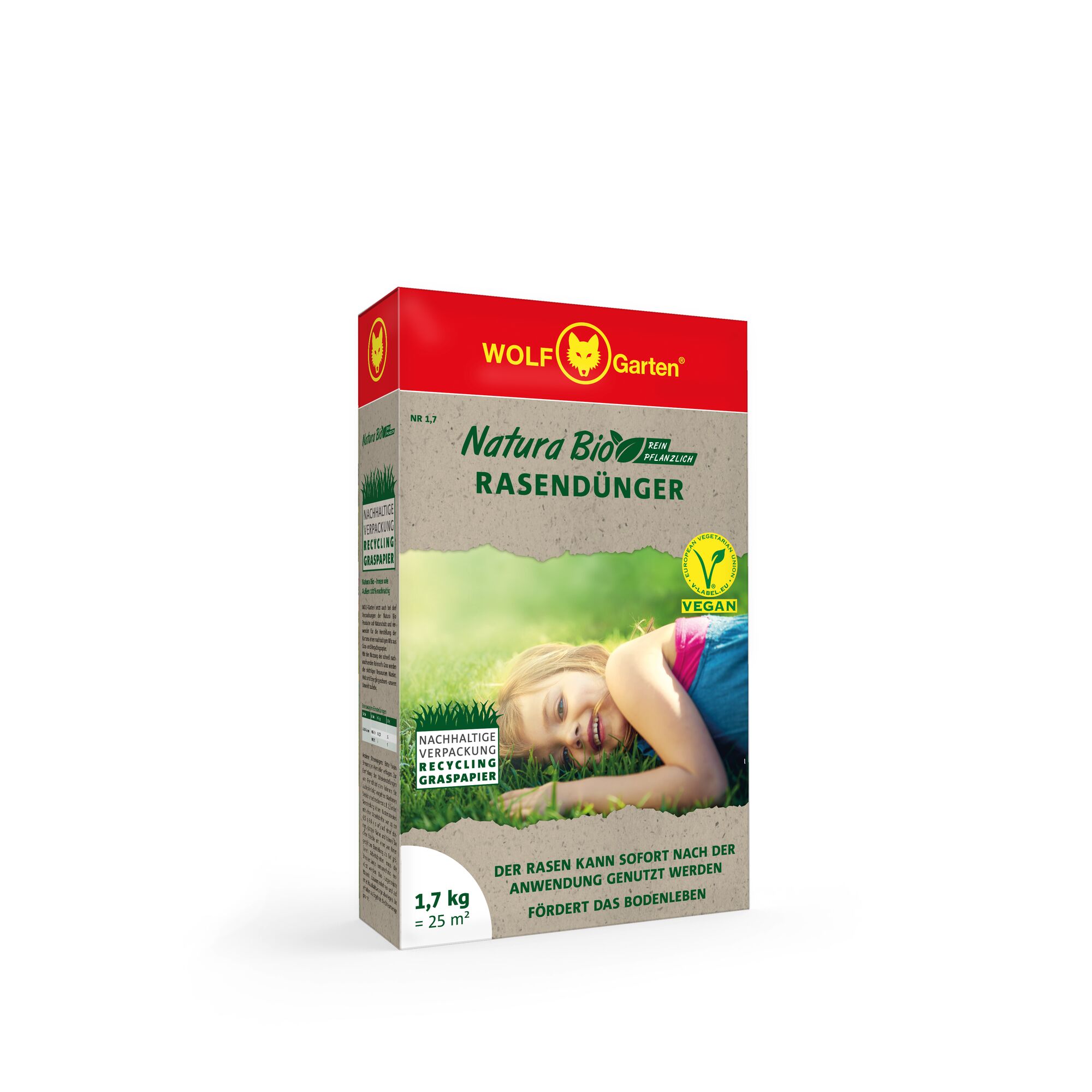 A box of WOLF-Garten Natura Bio lawn fertilizer. The packaging is mainly beige and red, with green text. It highlights that it is vegan and made with sustainable recycled grass paper packaging. The box indicates 1.7 kg for 25 m² coverage.
