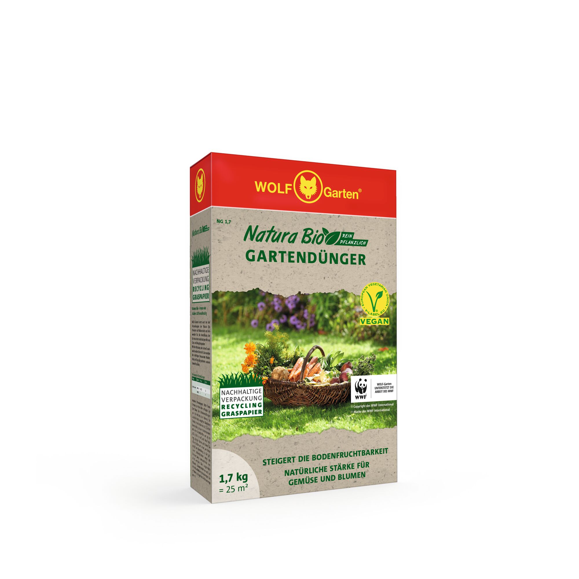 A box of WOLFGarten Natura Bio organic garden fertilizer with a red top and beige body, featuring garden imagery. The packaging displays vegan, eco-friendly and WWF partnership logos, and indicates it is suitable for vegetables and flowers. The weight is 1.7 kg and it covers 25 m².
