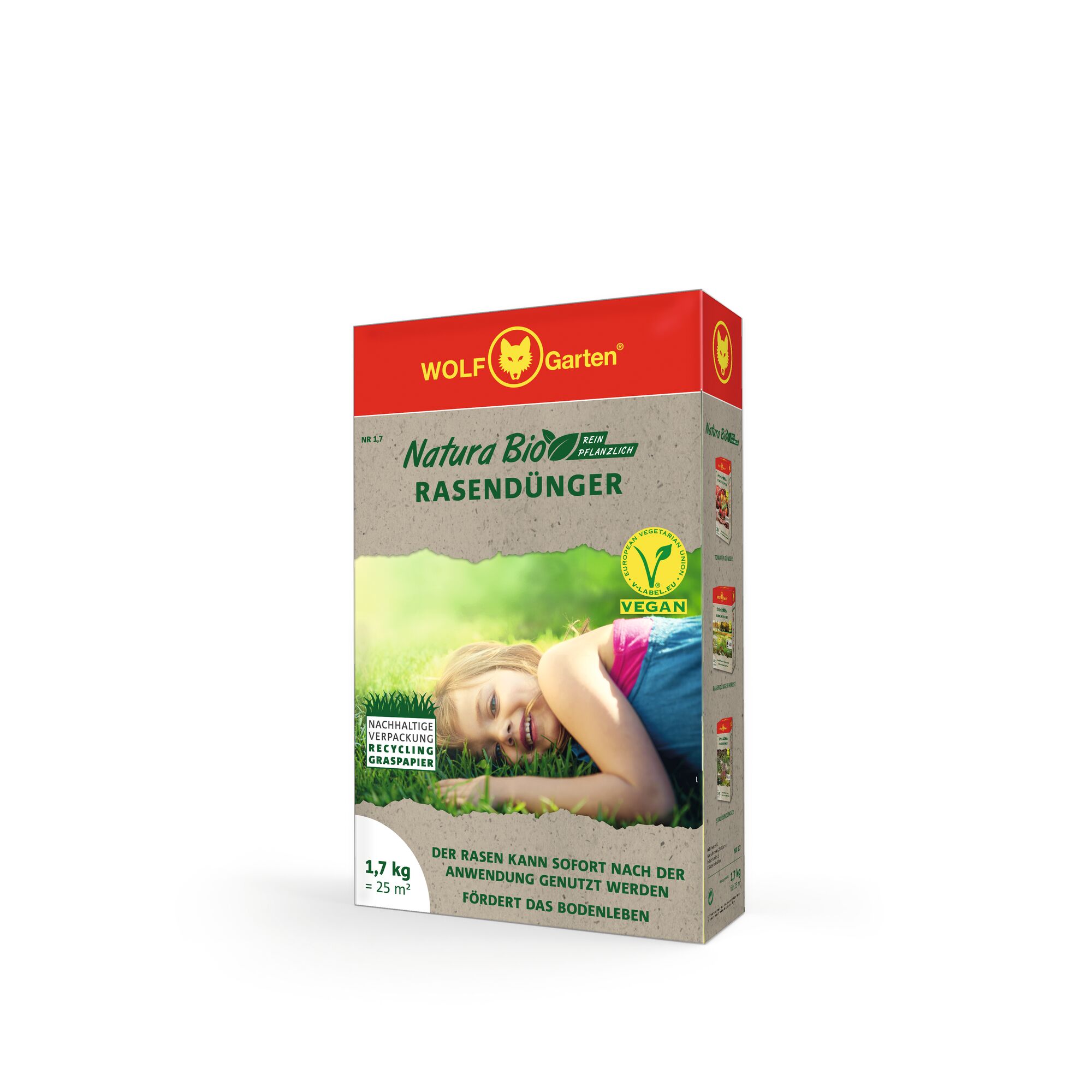 Box of WOLFGarten Natura Bio lawn fertilizer featuring sustainable packaging, vegan certification, and lawn usage instructions. The front of the box displays an image of a person lying on grass.