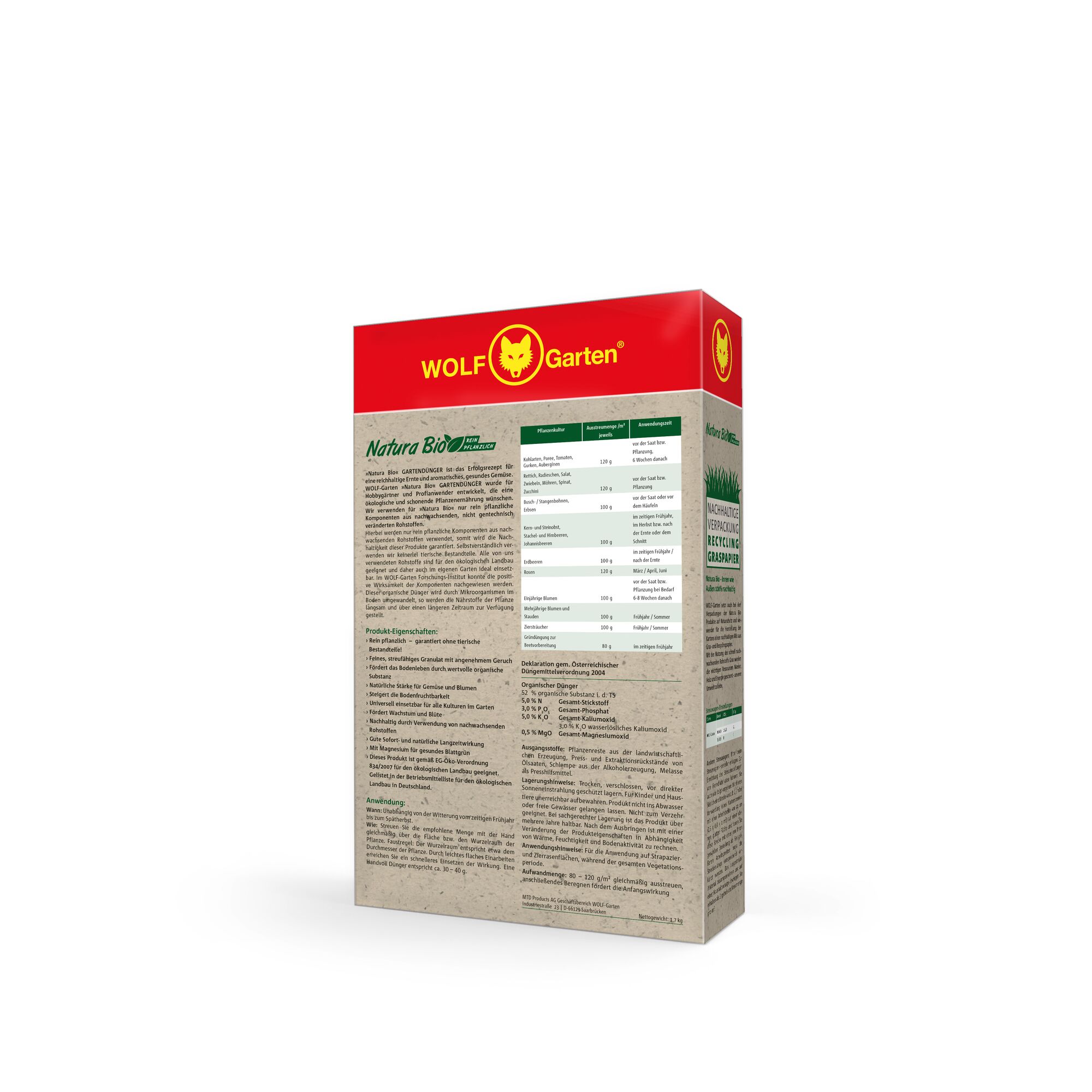Back view of a WOLFGarten product box with a red top and beige body, containing multiple sections of text and a table. The box appears to be packaging for gardening products, showing detailed information and instructions.