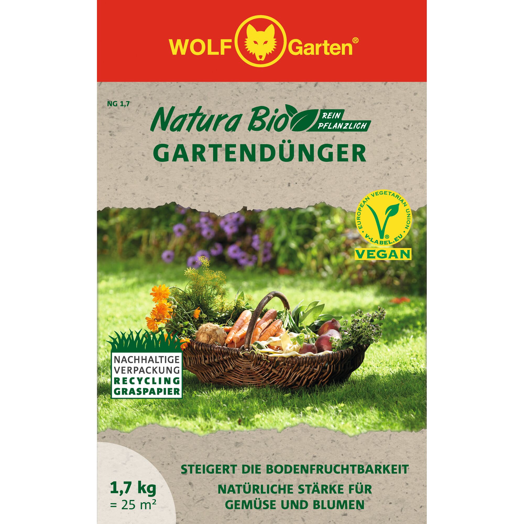 Front packaging of WOLF-Garten Natura Bio garden fertilizer. The package features a basket with fresh vegetables and flowers on green grass in a garden. It highlights that the product is vegan, made from plant-based ingredients, with sustainable recyclable grass paper packaging. The packaging indicates that 1.7 kg covers 25 square meters and is suitable for vegetables and flowers.